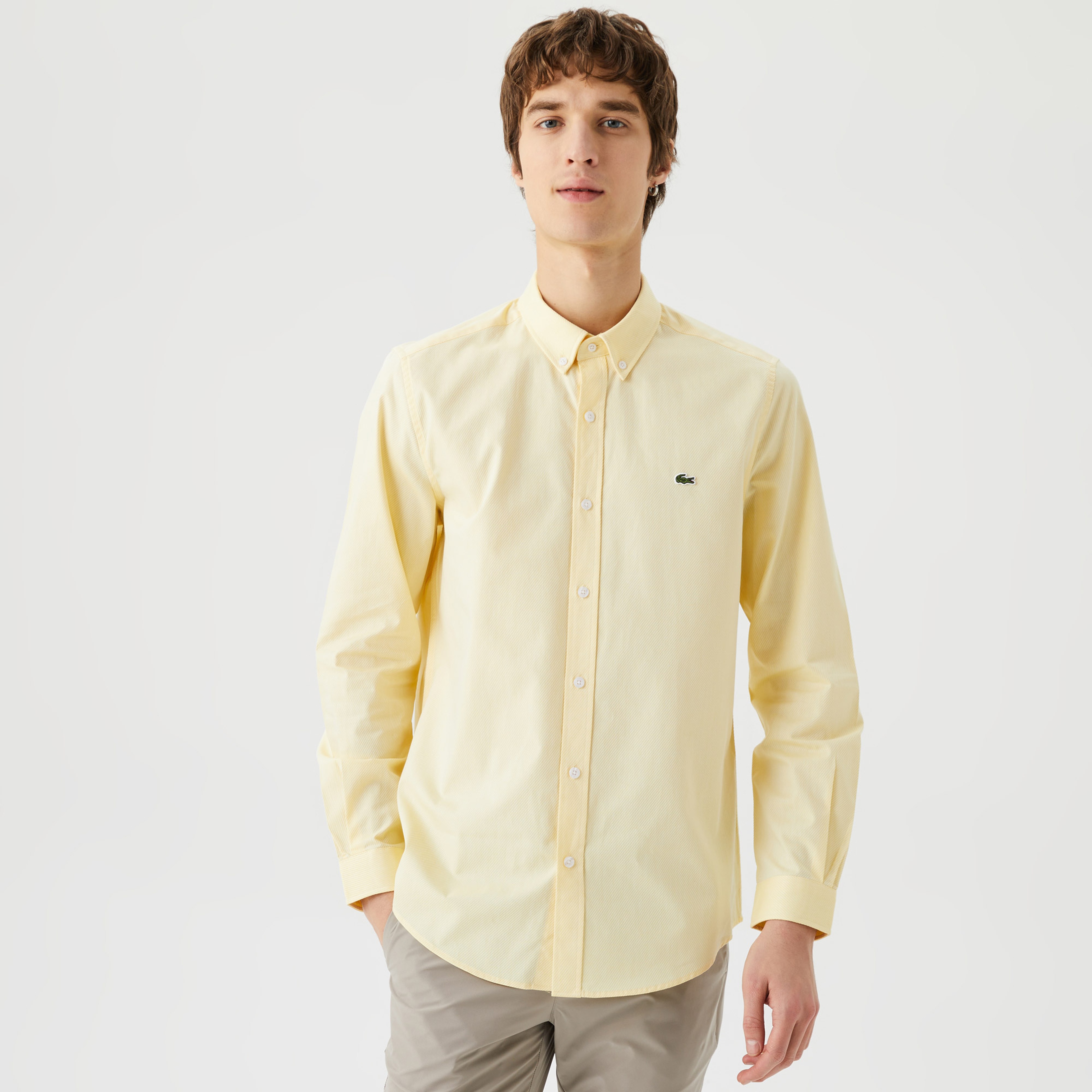 Erkek Slim Fit Düğmeli Yaka Sarı Gömlek