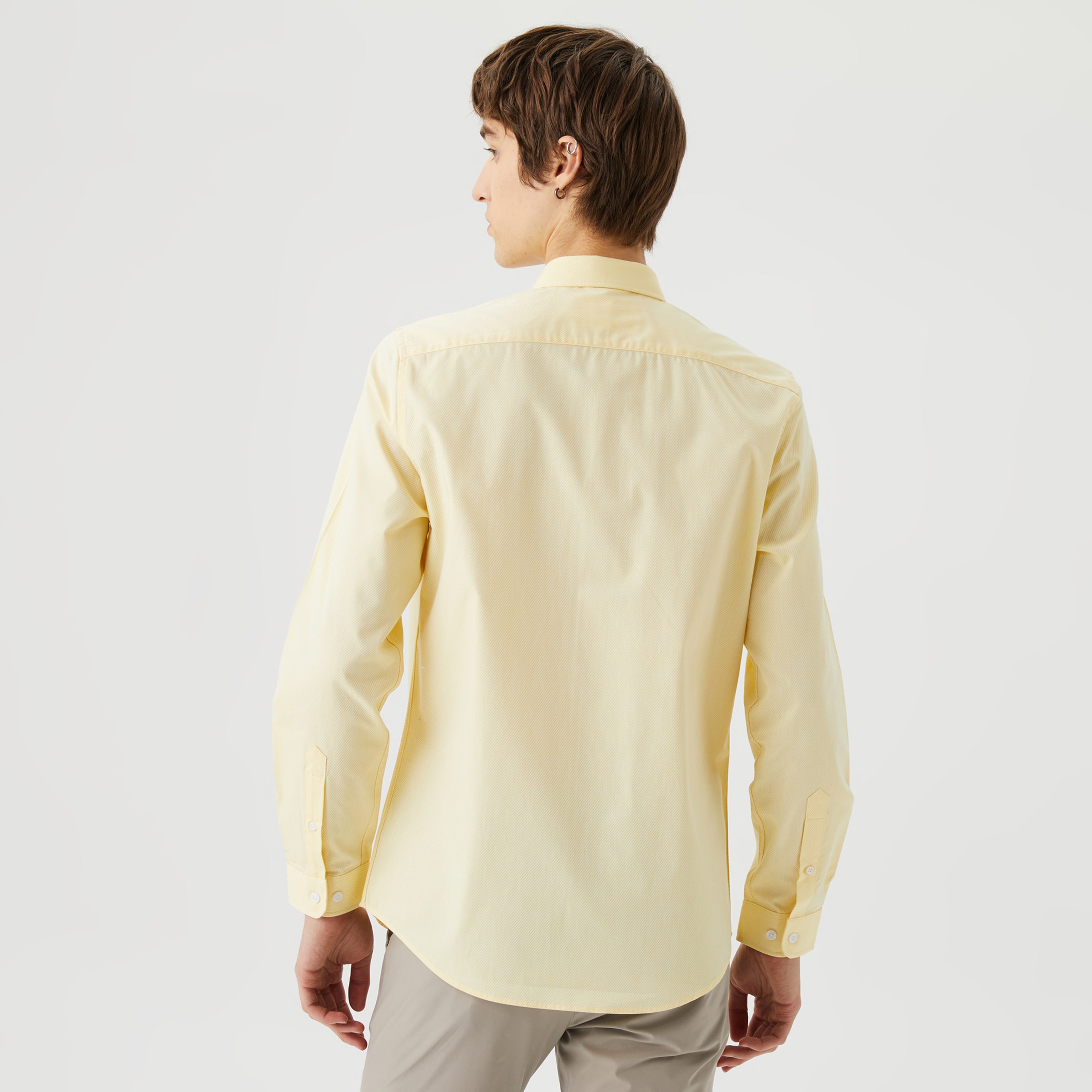 Erkek Slim Fit Düğmeli Yaka Sarı Gömlek