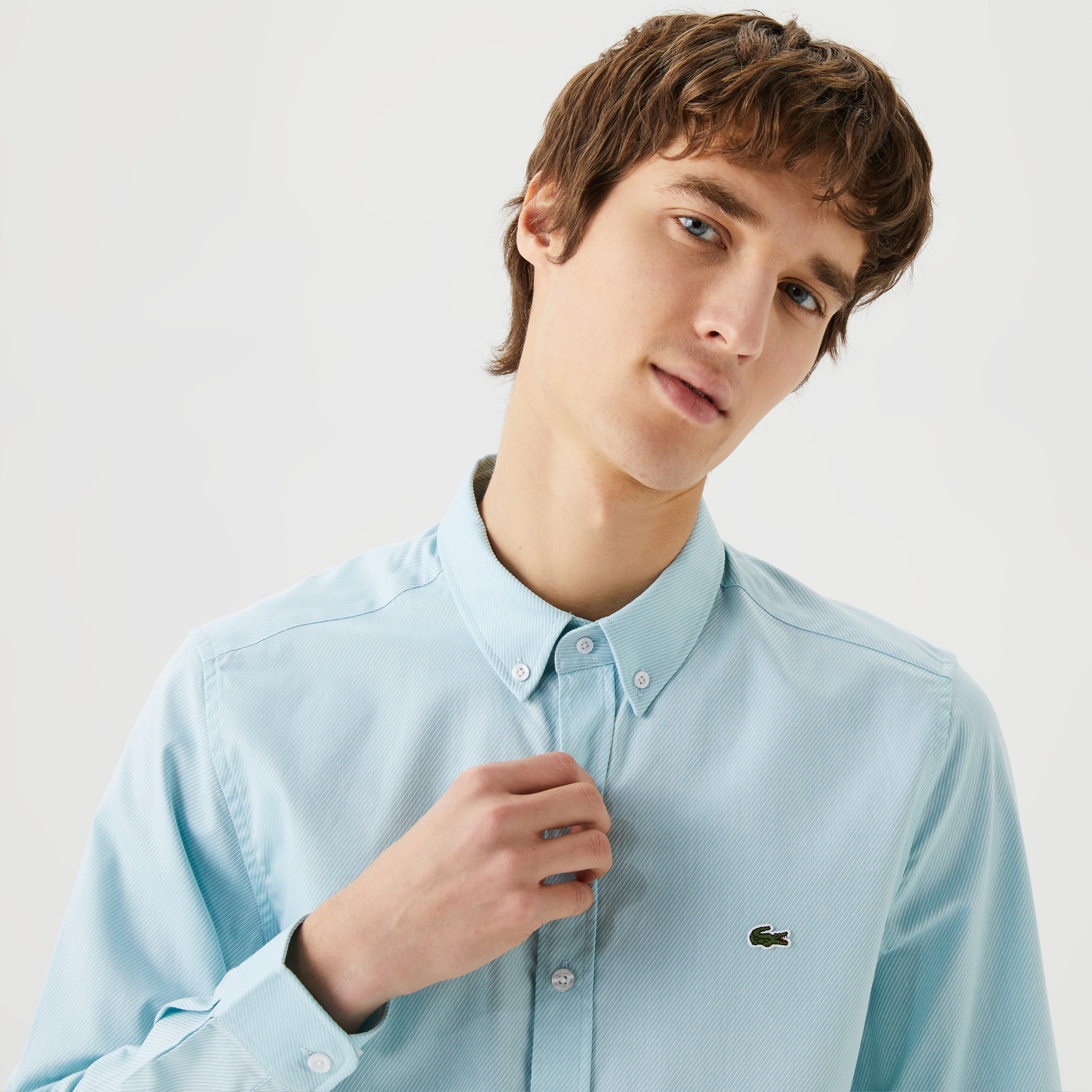 Erkek Slim Fit Düğmeli Yaka Yeşil Gömlek