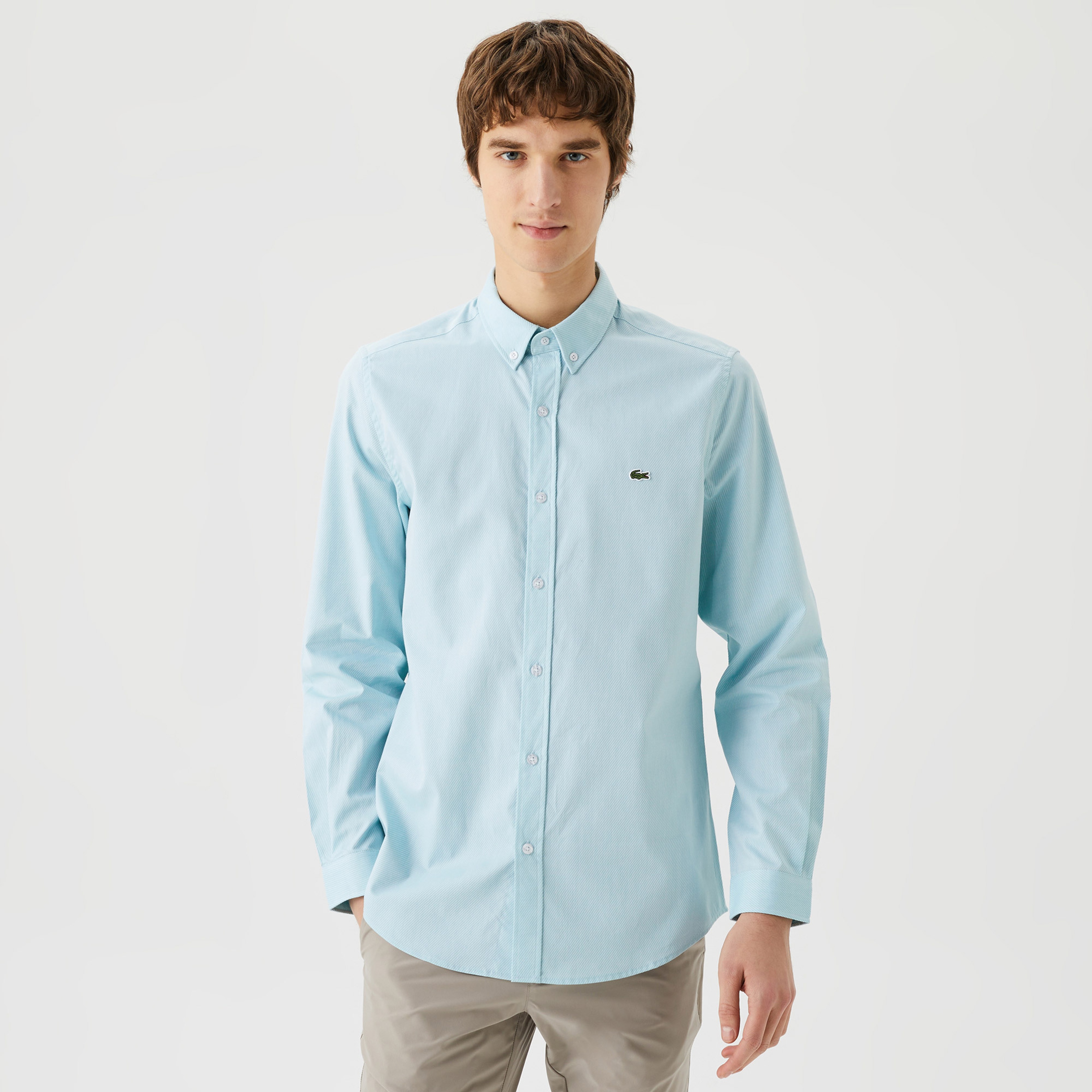 Erkek Slim Fit Düğmeli Yaka Yeşil Gömlek