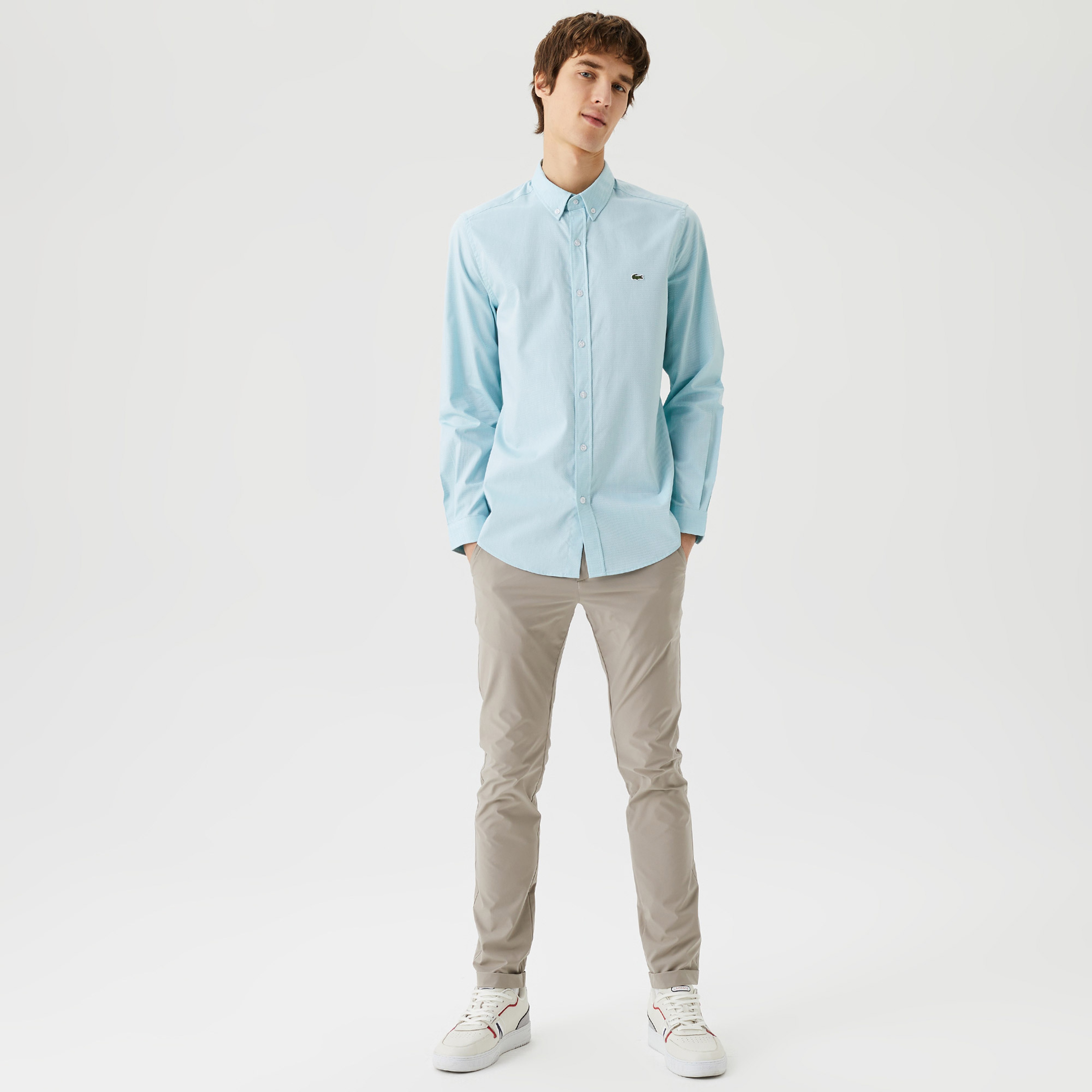 Erkek Slim Fit Düğmeli Yaka Yeşil Gömlek