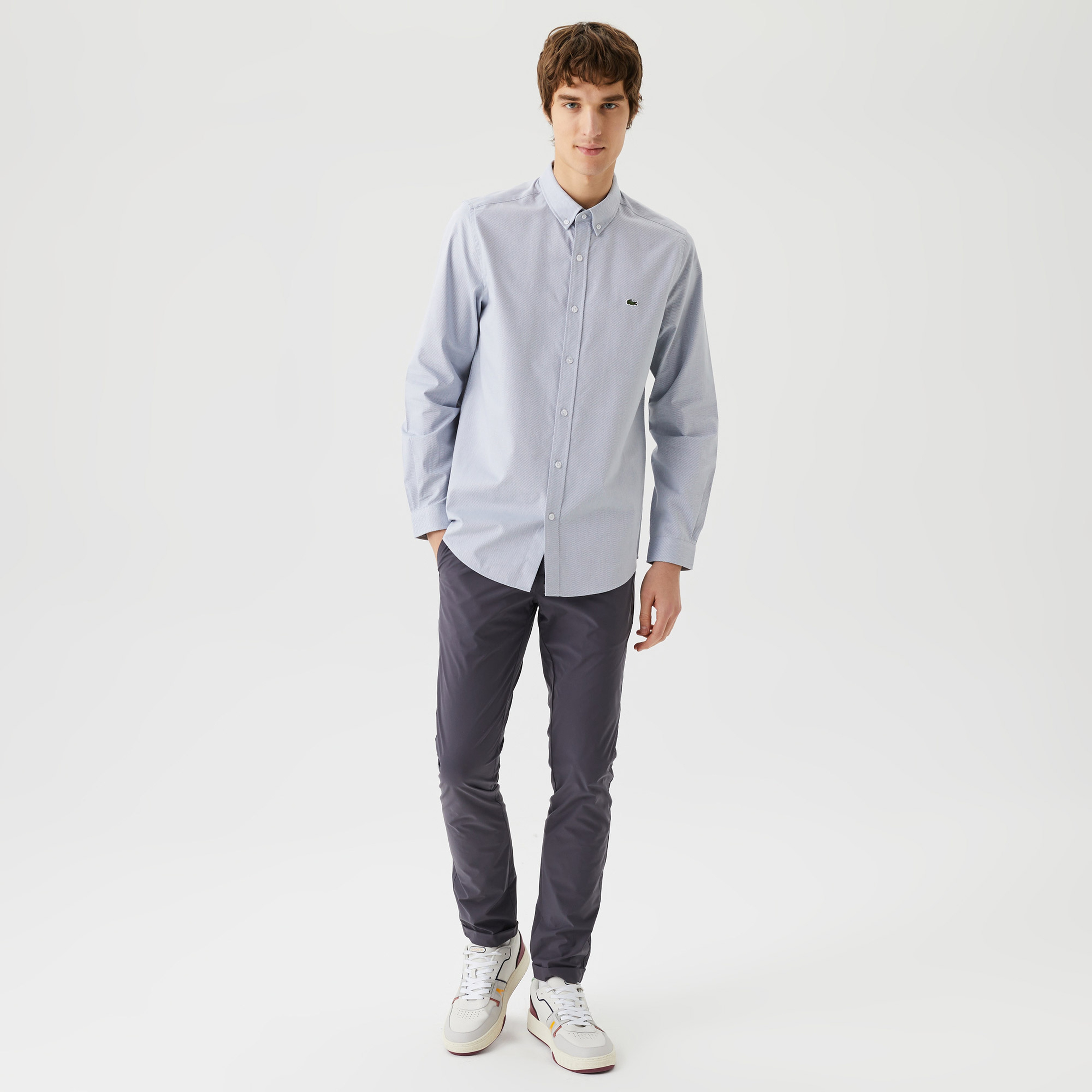 Erkek Slim Fit Düğmeli Yaka Gri Gömlek