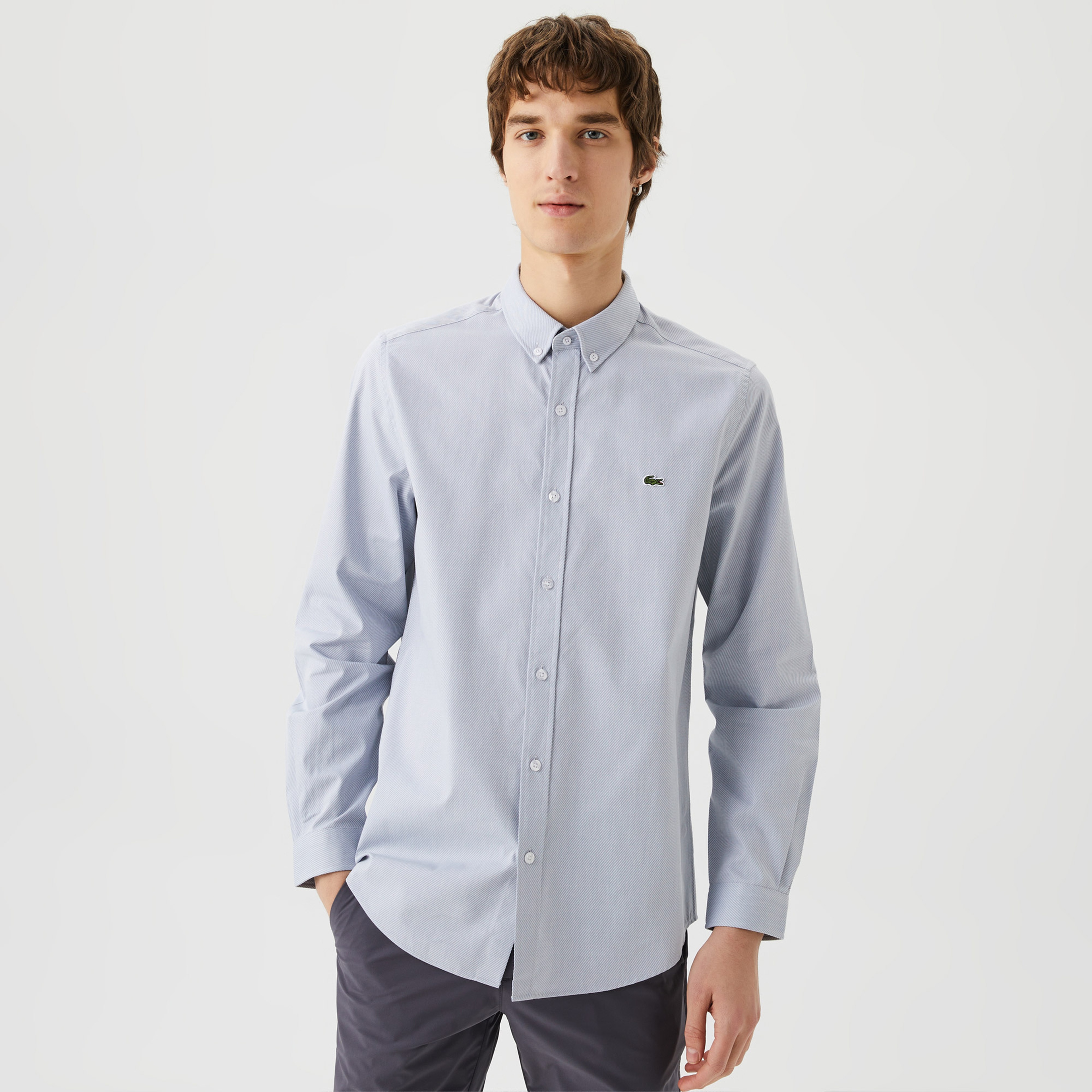 Erkek Slim Fit Düğmeli Yaka Gri Gömlek