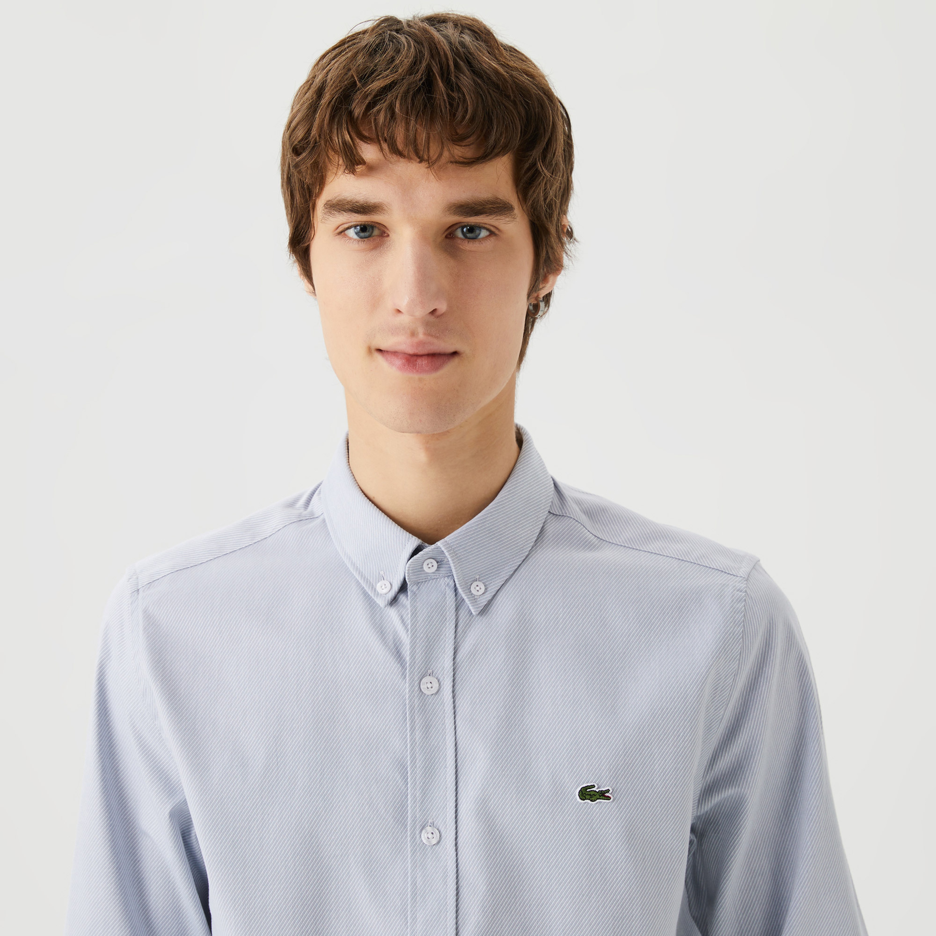 Erkek Slim Fit Düğmeli Yaka Gri Gömlek
