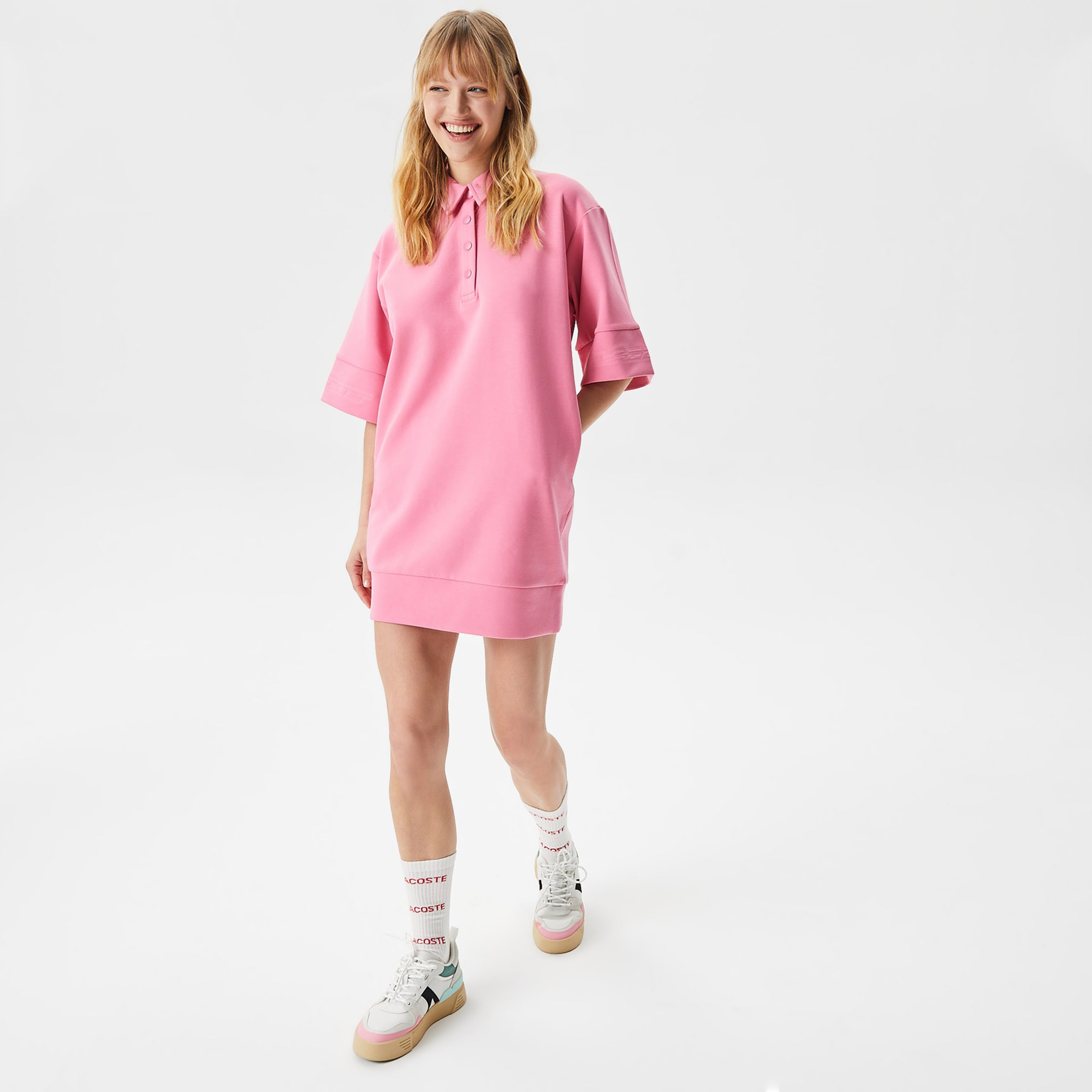 Lacoste Kadın Loose Fit Kısa Kollu Polo Yaka Pembe Elbise