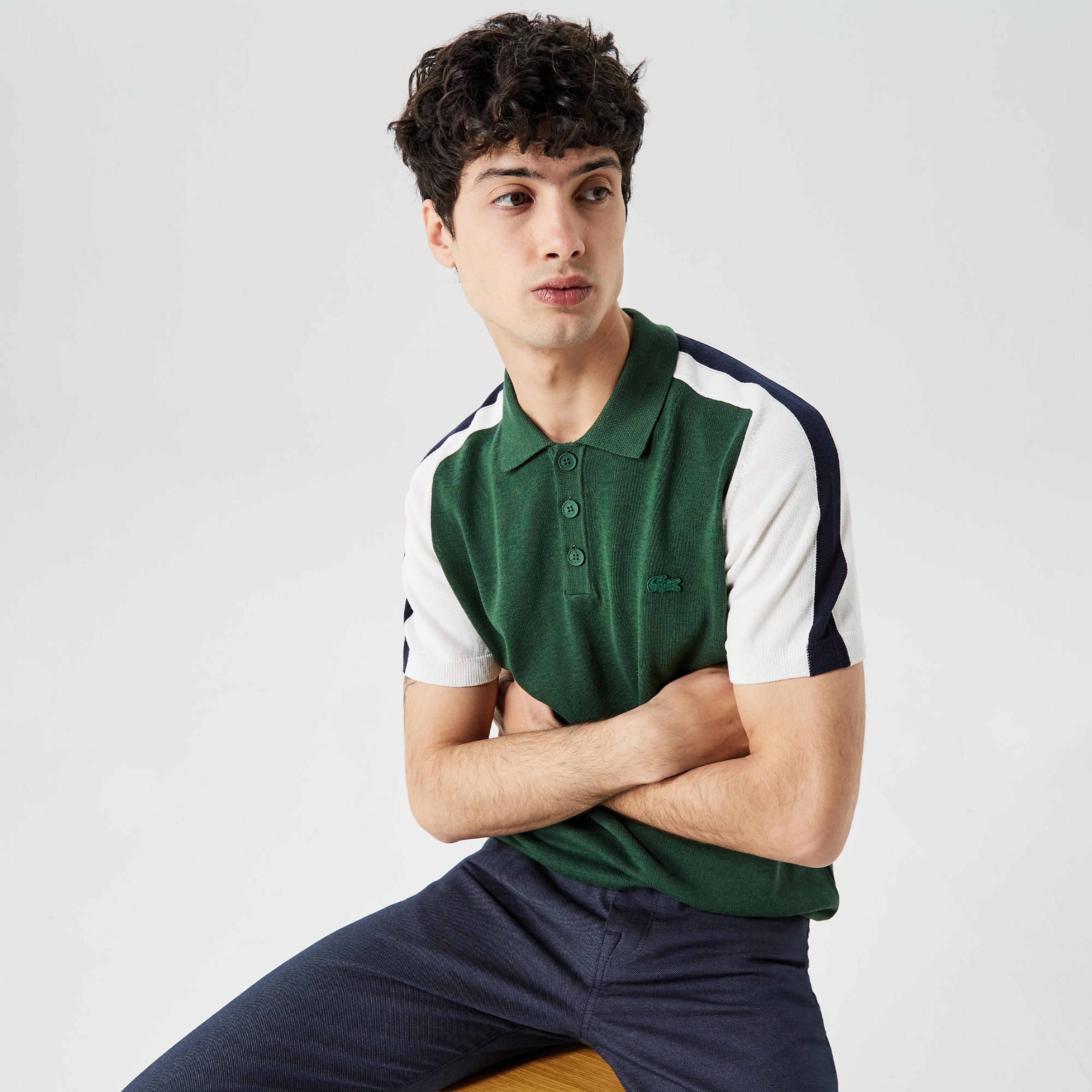 Erkek Kısa Kollu Polo Yaka Renk Bloklu Yeşil Triko