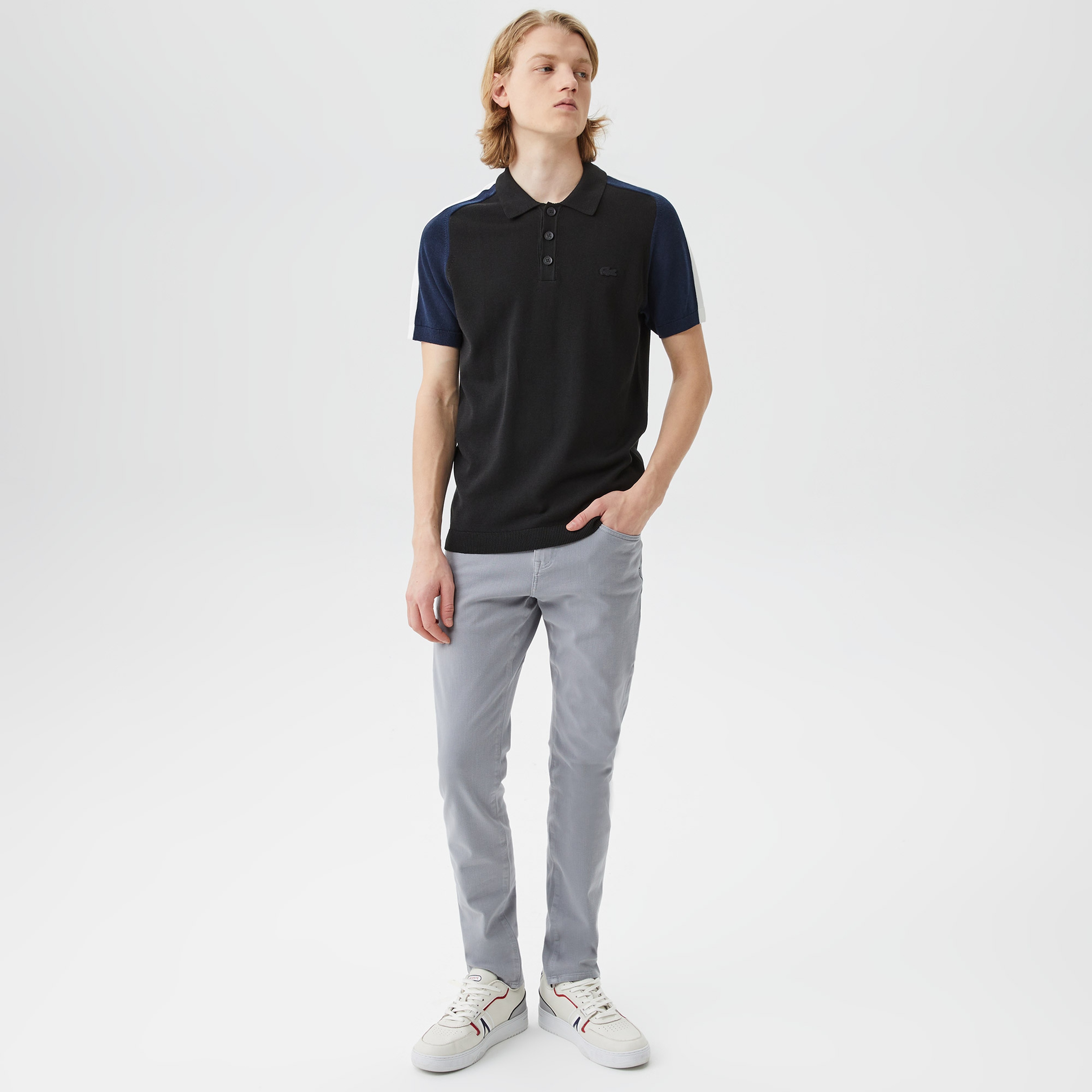 Erkek Kısa Kollu Polo Yaka Renk Bloklu Siyah Triko