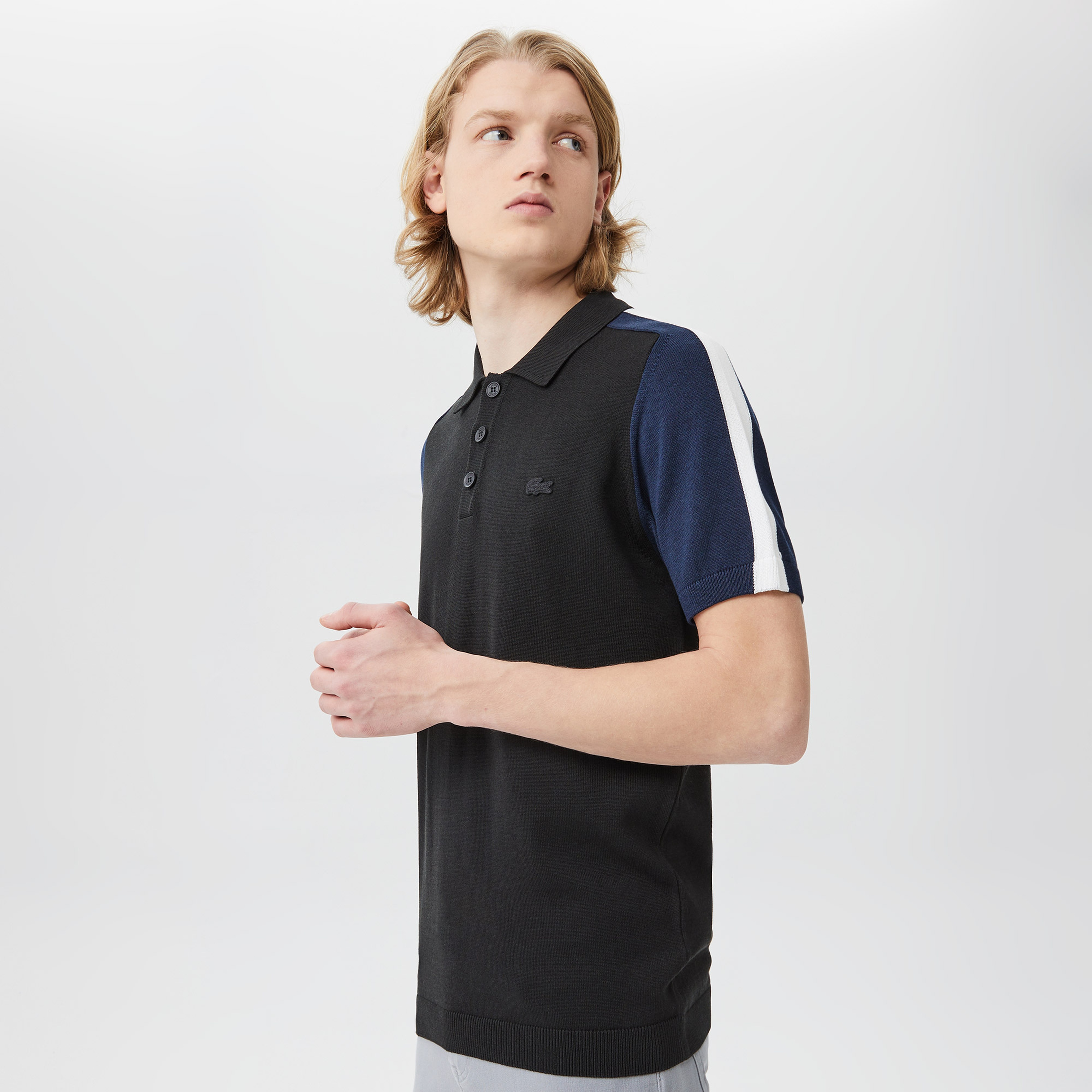 Erkek Kısa Kollu Polo Yaka Renk Bloklu Siyah Triko