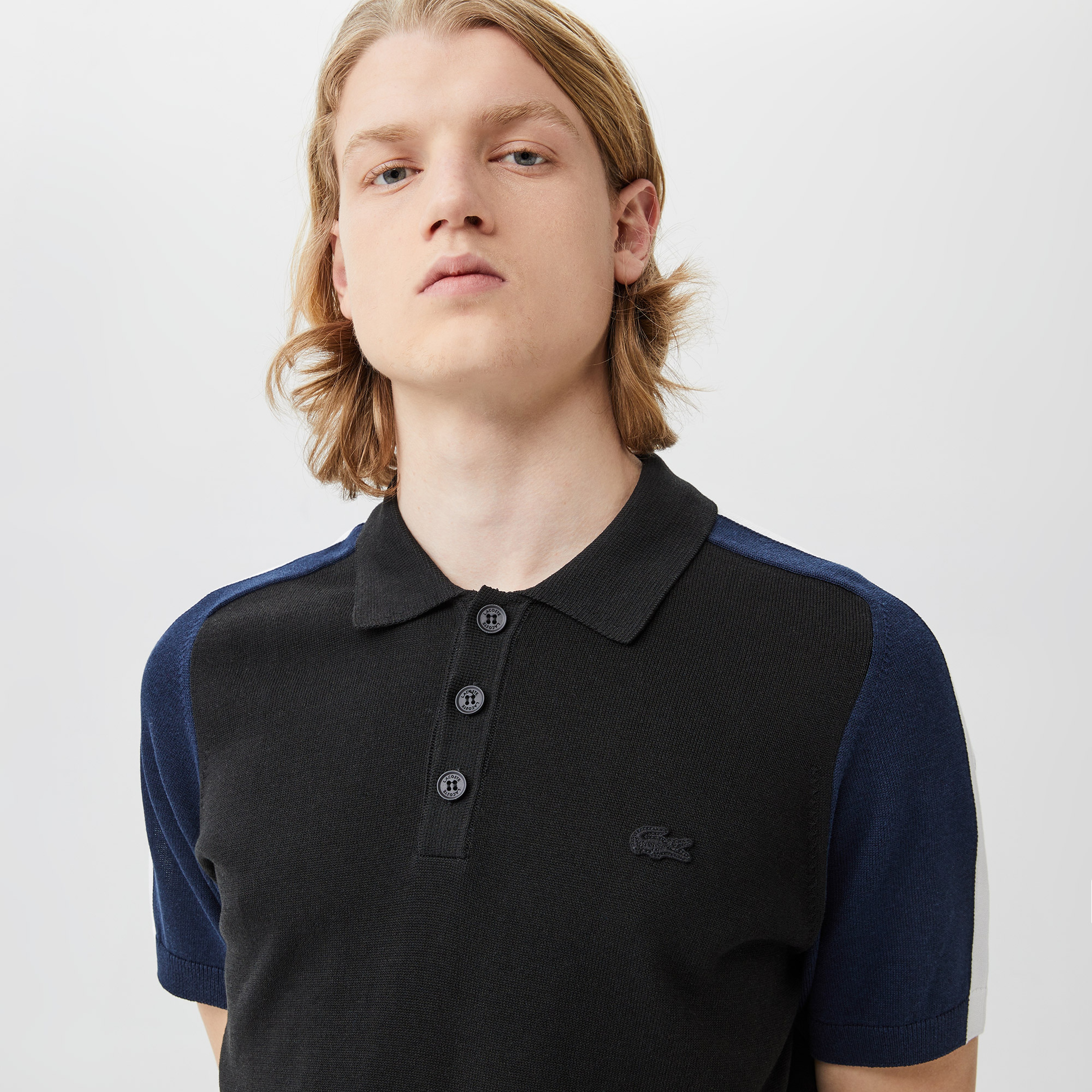 Erkek Kısa Kollu Polo Yaka Renk Bloklu Siyah Triko