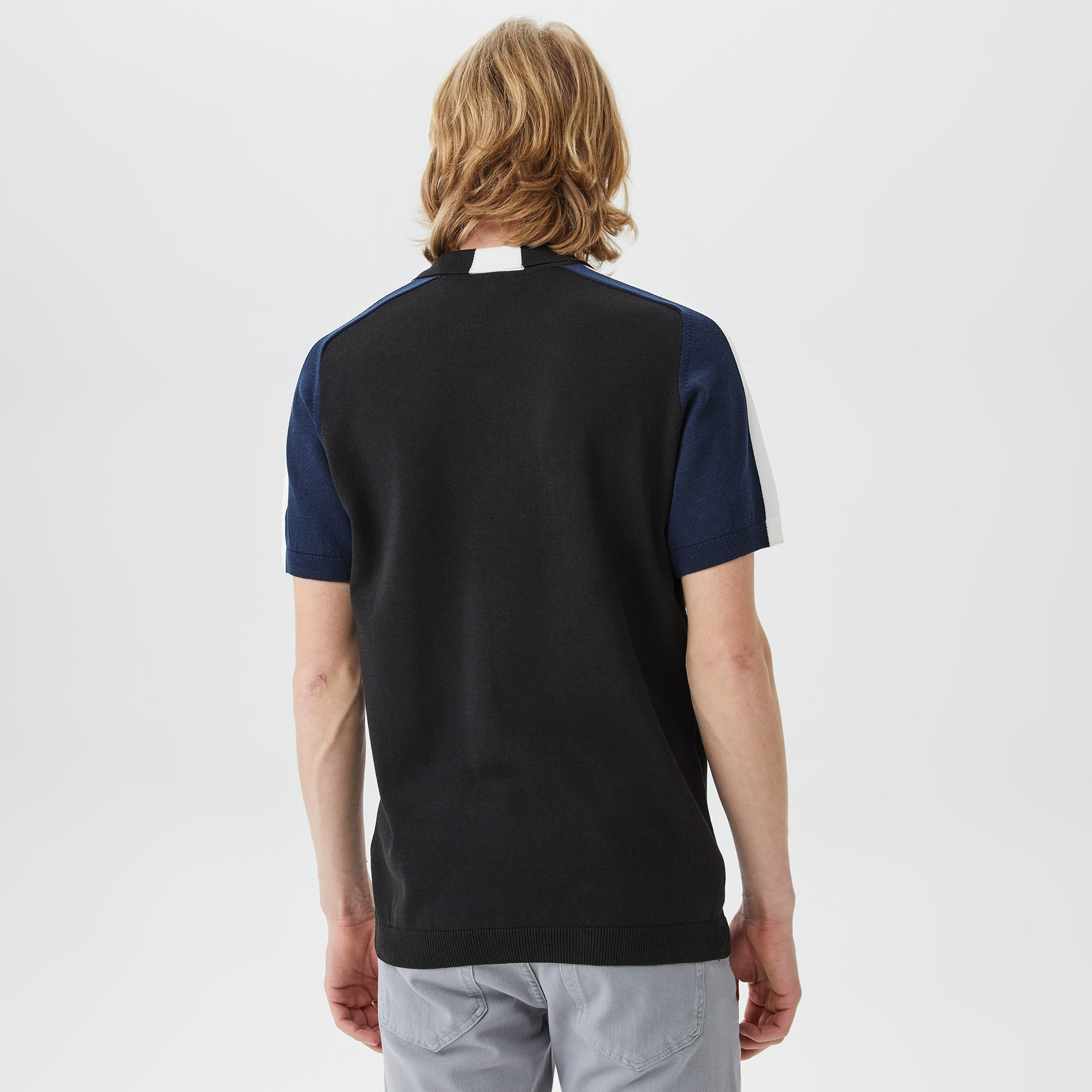 Erkek Kısa Kollu Polo Yaka Renk Bloklu Siyah Triko