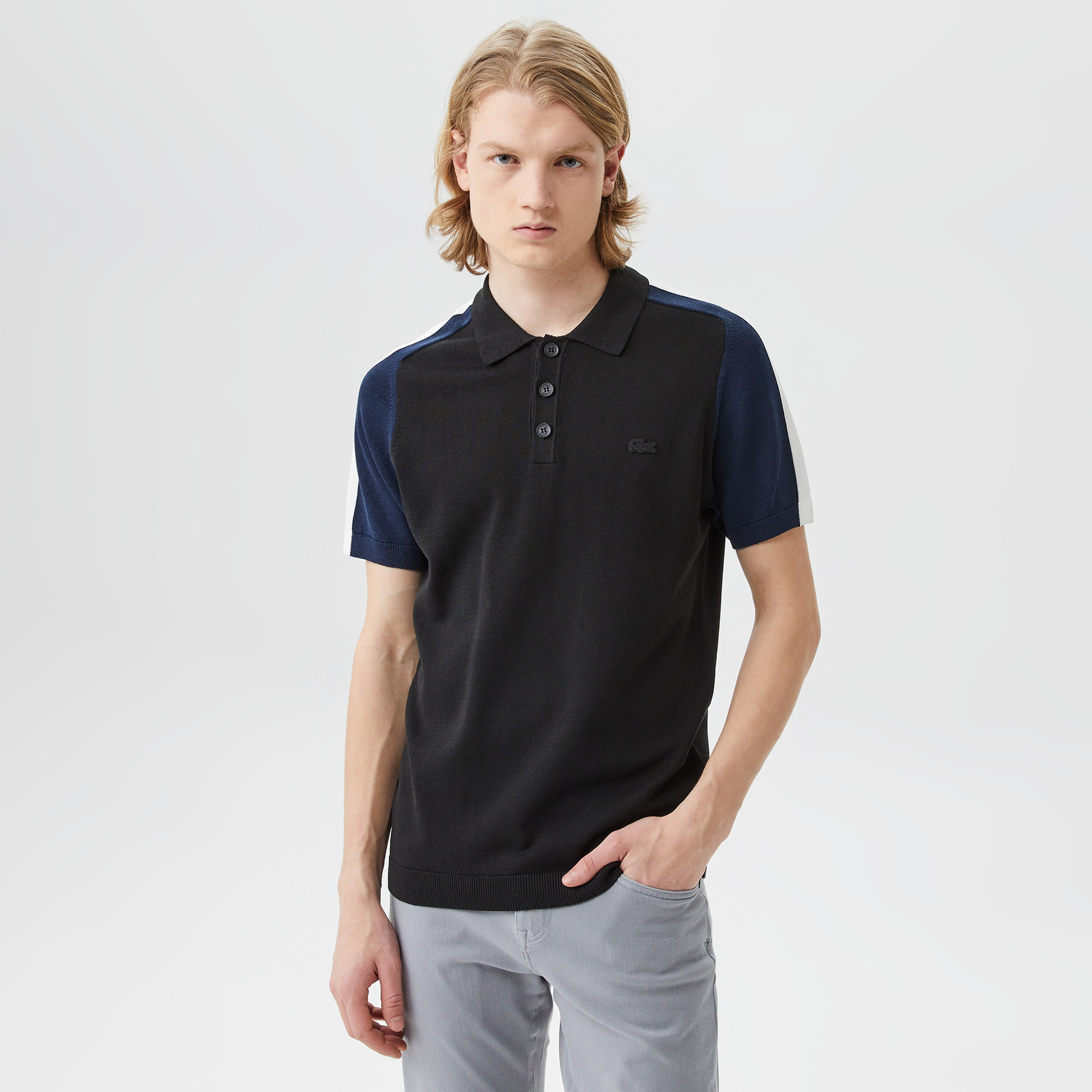 Erkek Kısa Kollu Polo Yaka Renk Bloklu Siyah Triko