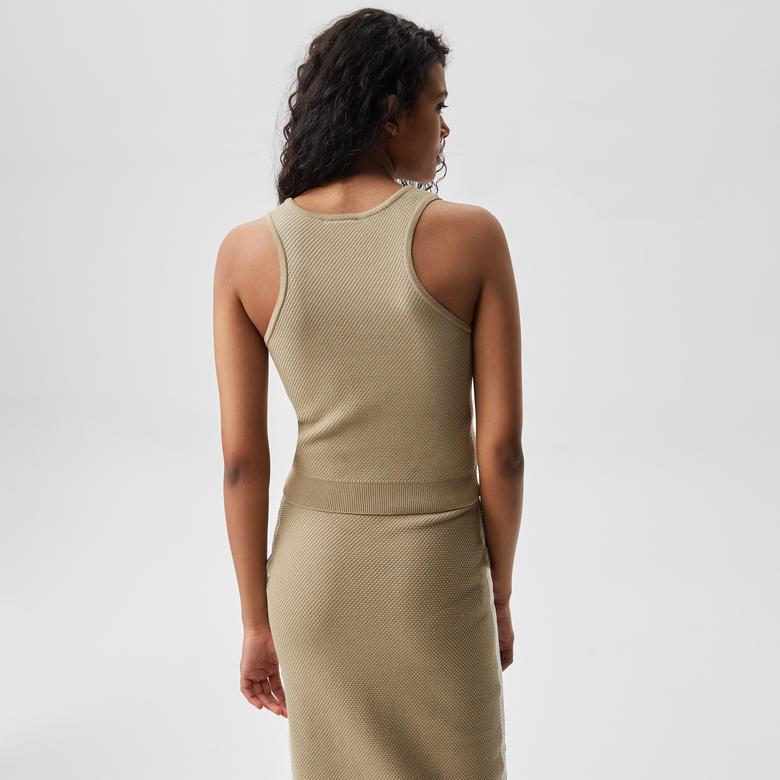 Kadın Slim Fit Askılı Bisiklet Yaka Renk Bloklu Krem Triko