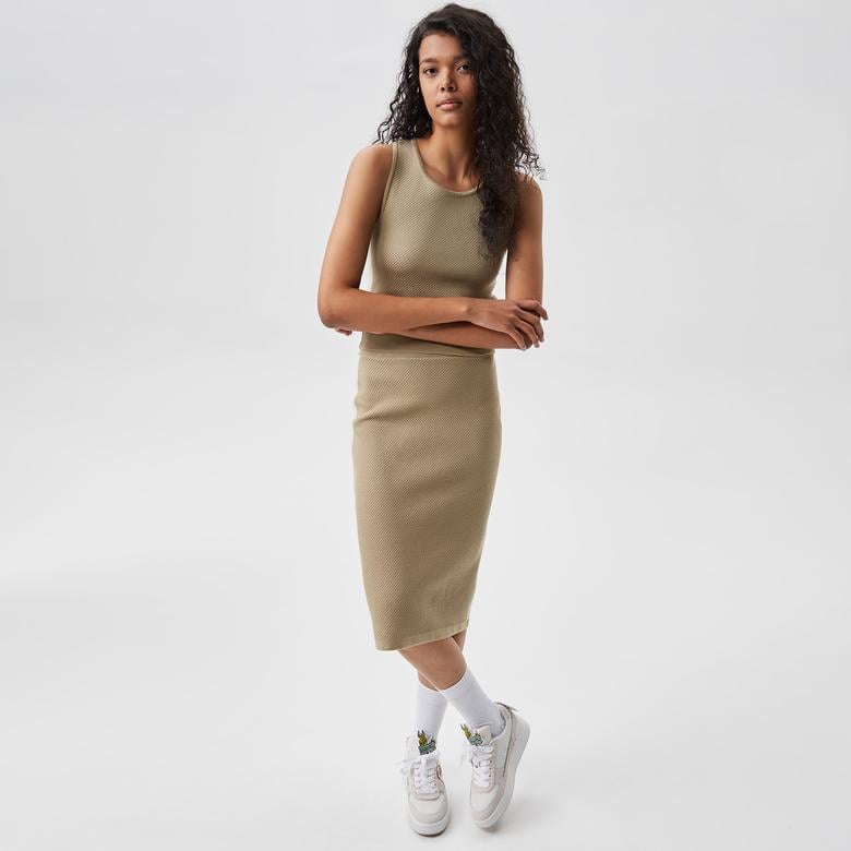 Kadın Slim Fit Askılı Bisiklet Yaka Renk Bloklu Krem Triko