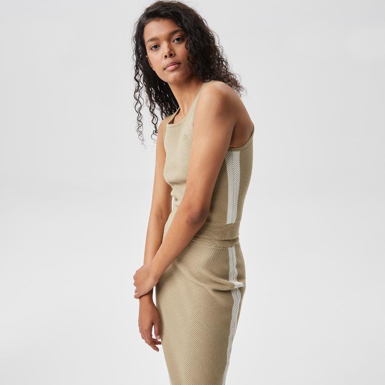 Kadın Slim Fit Askılı Bisiklet Yaka Renk Bloklu Krem Triko