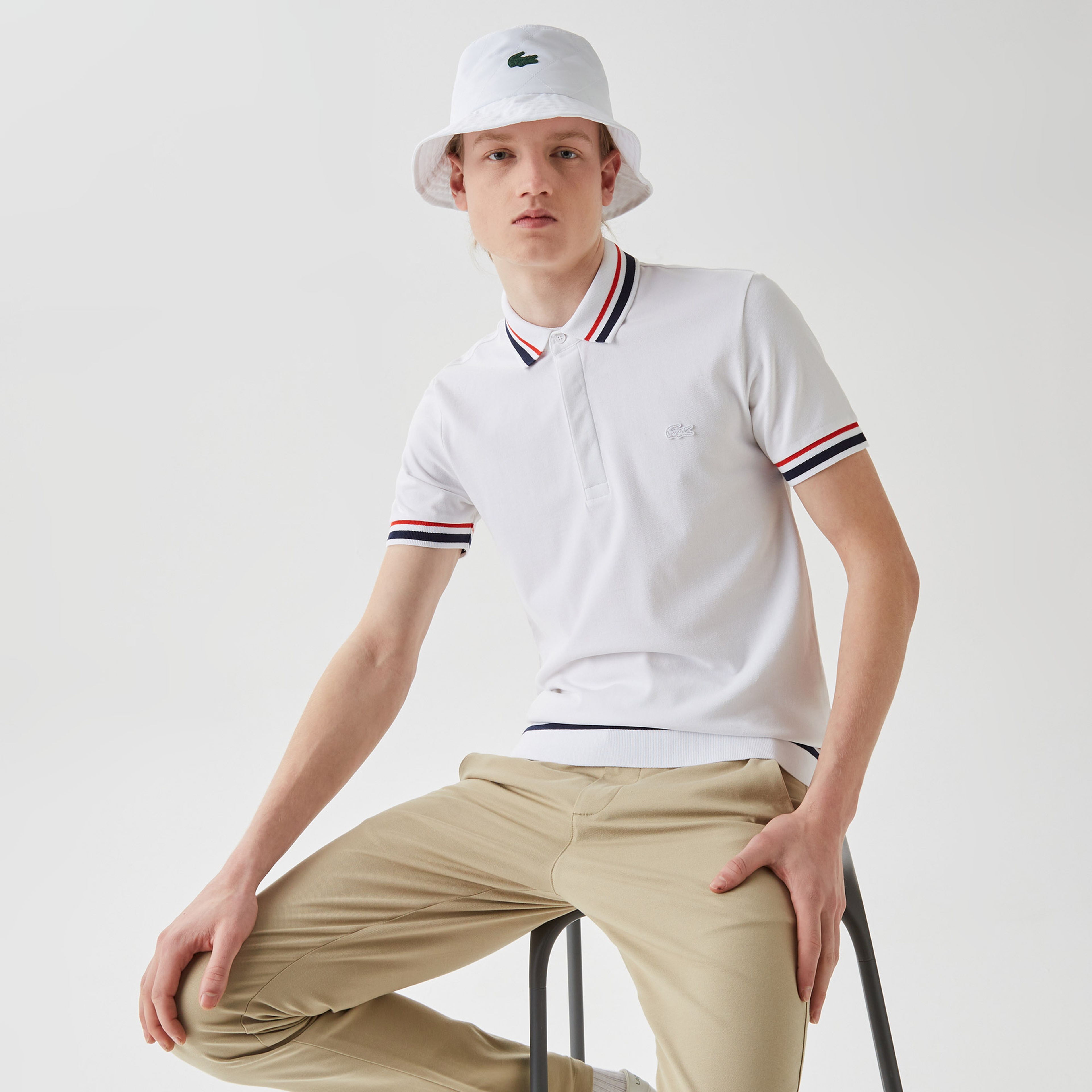 Erkek Slim Fit Çizgili Beyaz Polo