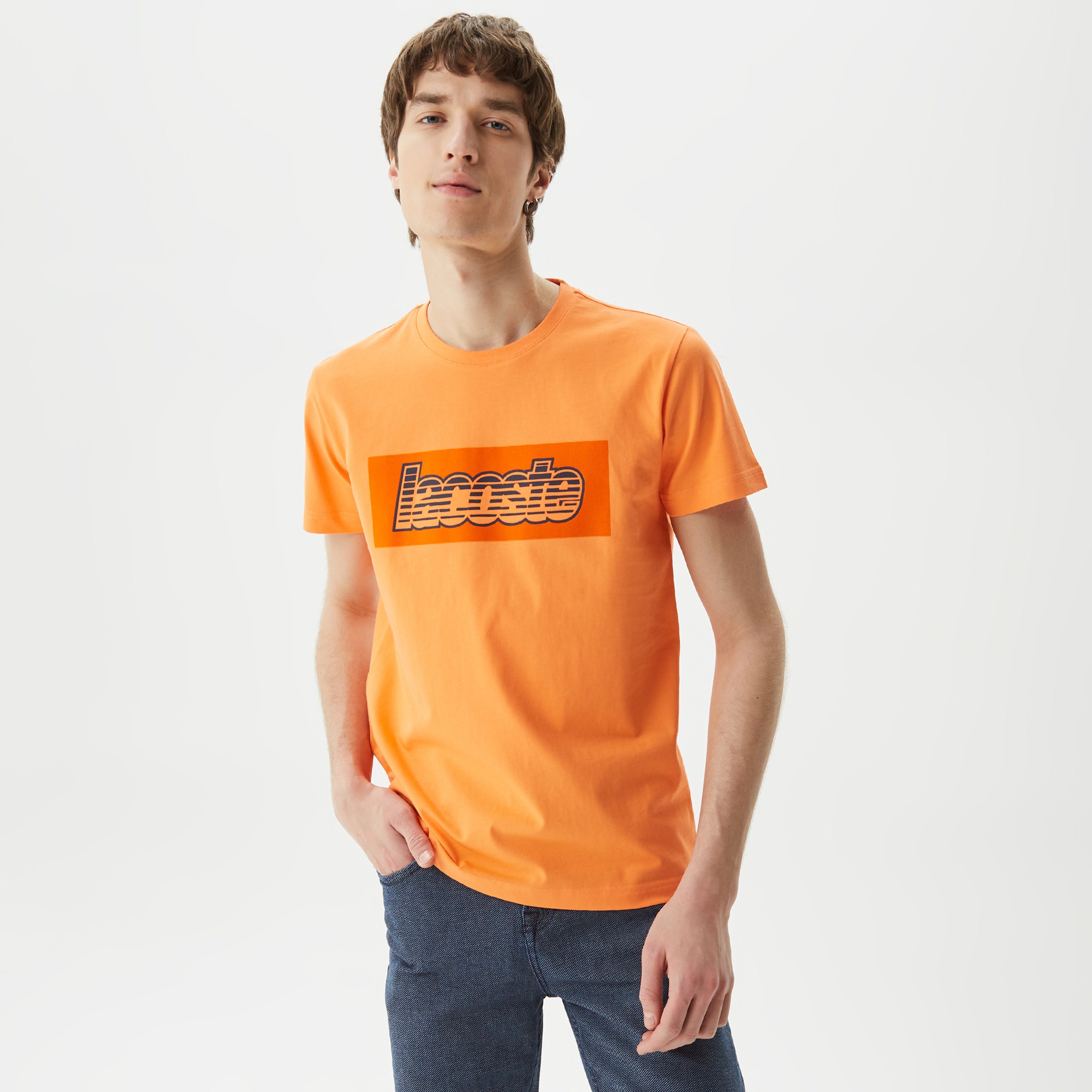 Erkek Regular Fit Bisiklet Yaka Baskılı Turuncu T-Shirt