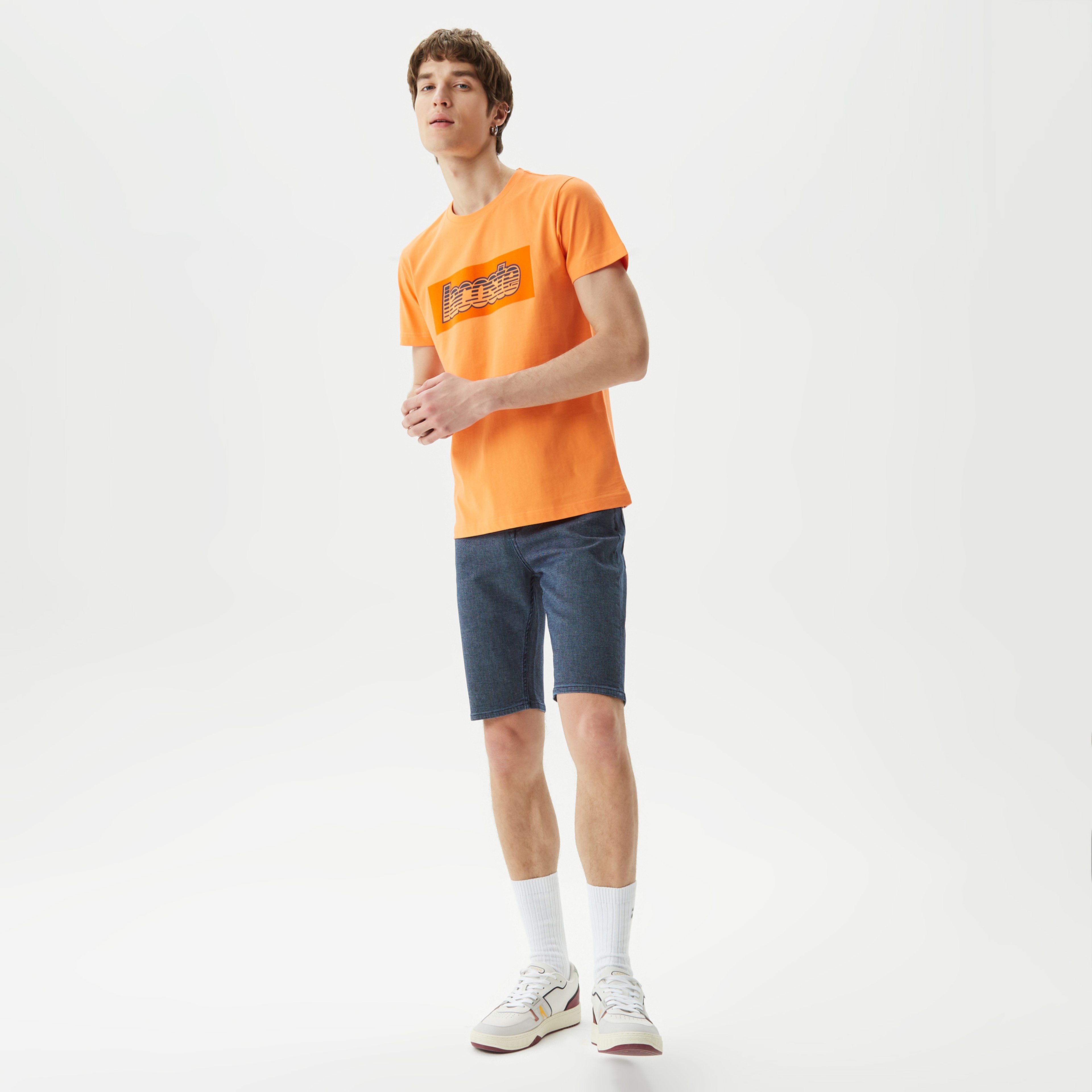 Erkek Regular Fit Bisiklet Yaka Baskılı Turuncu T-Shirt