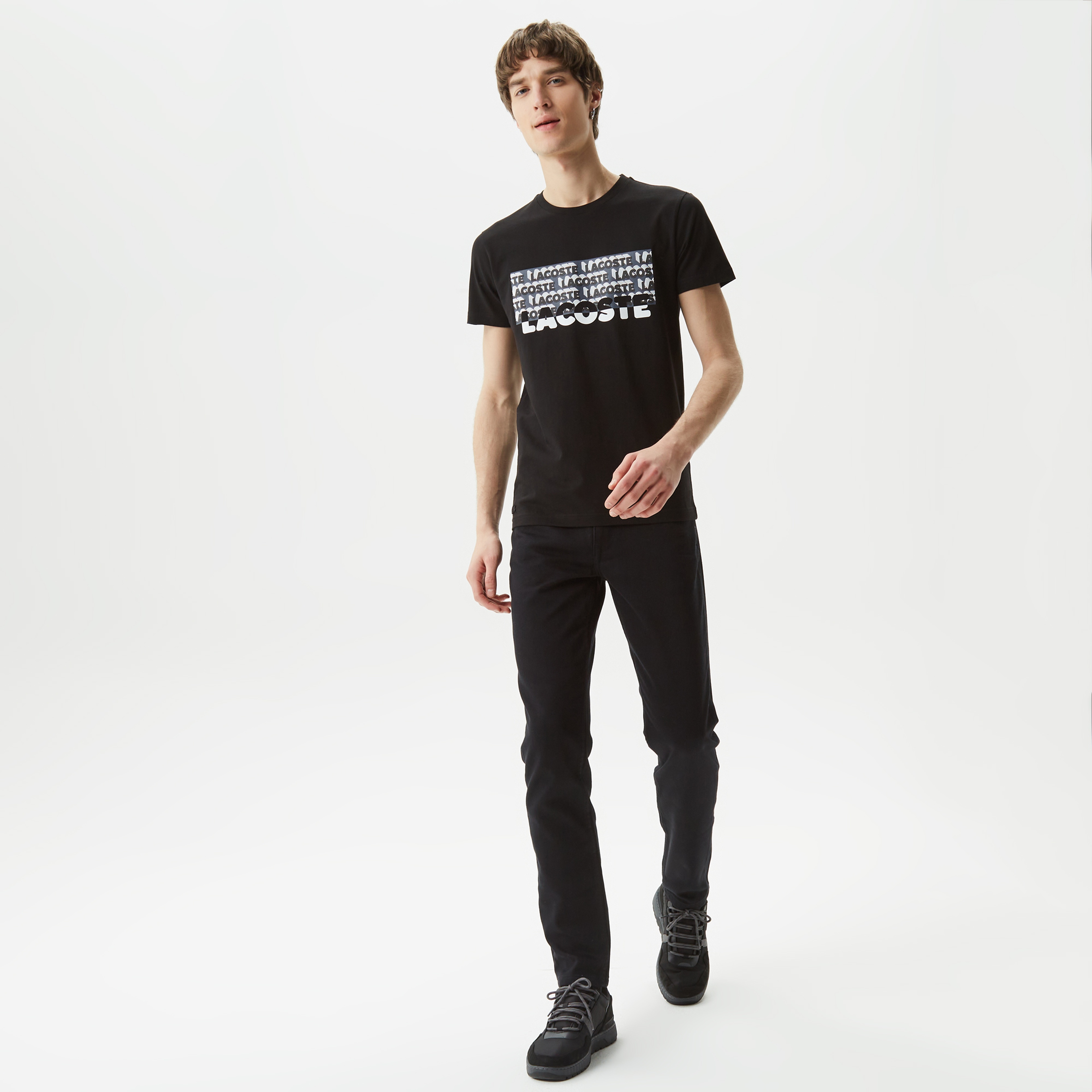 Erkek Slim Fit Bisiklet Yaka Baskılı Siyah T-Shirt