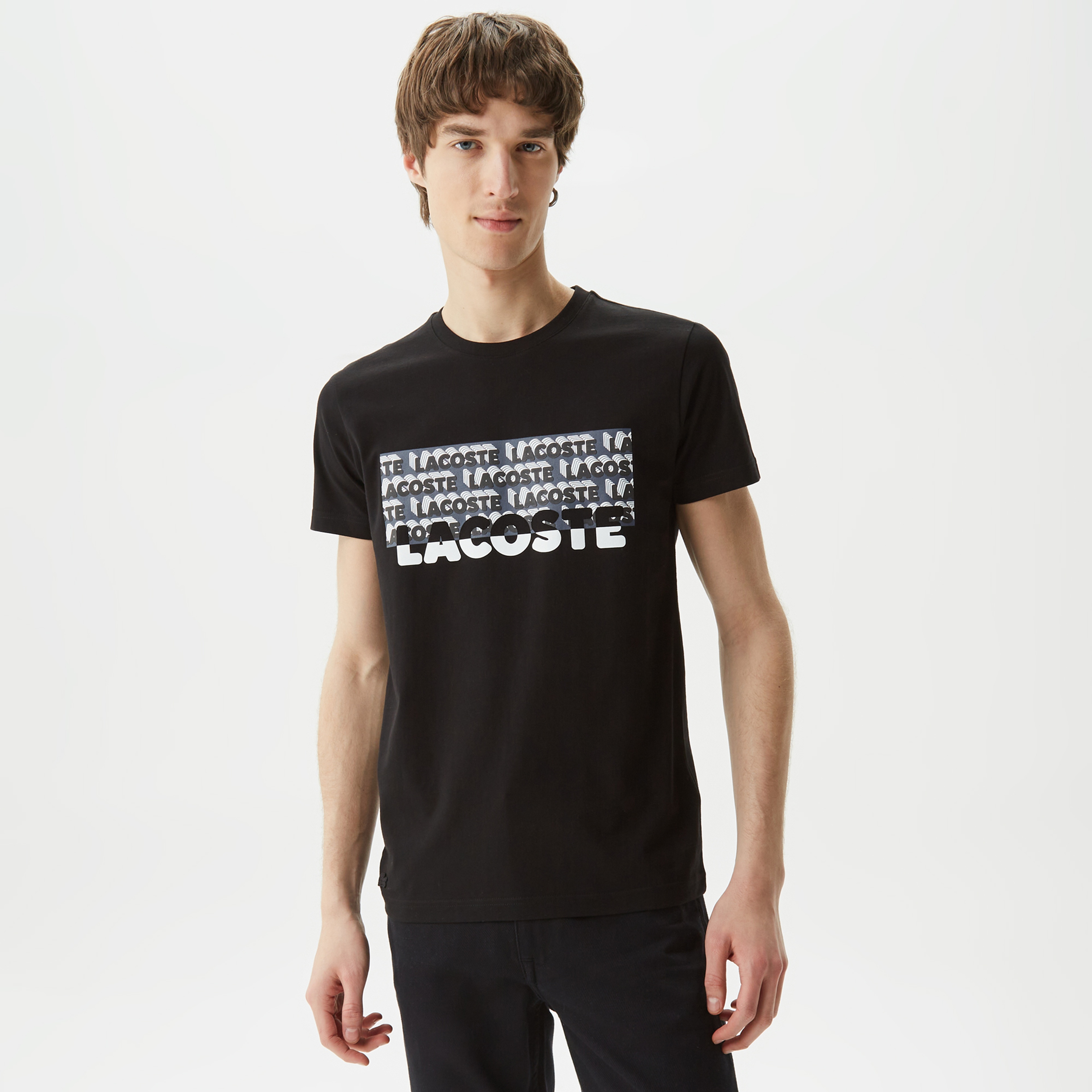 Erkek Slim Fit Bisiklet Yaka Baskılı Siyah T-Shirt