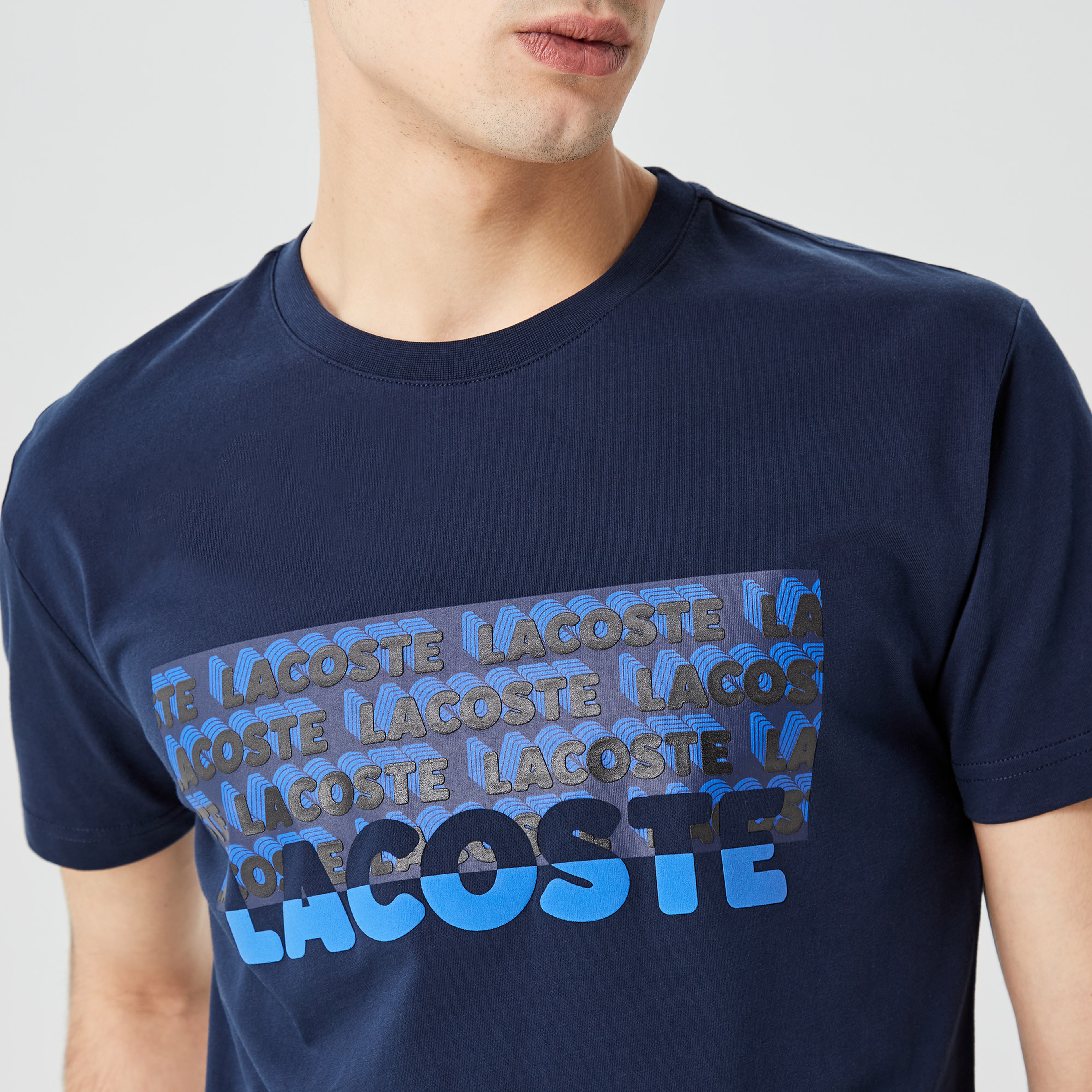 Erkek Slim Fit Bisiklet Yaka Baskılı Lacivert T-Shirt