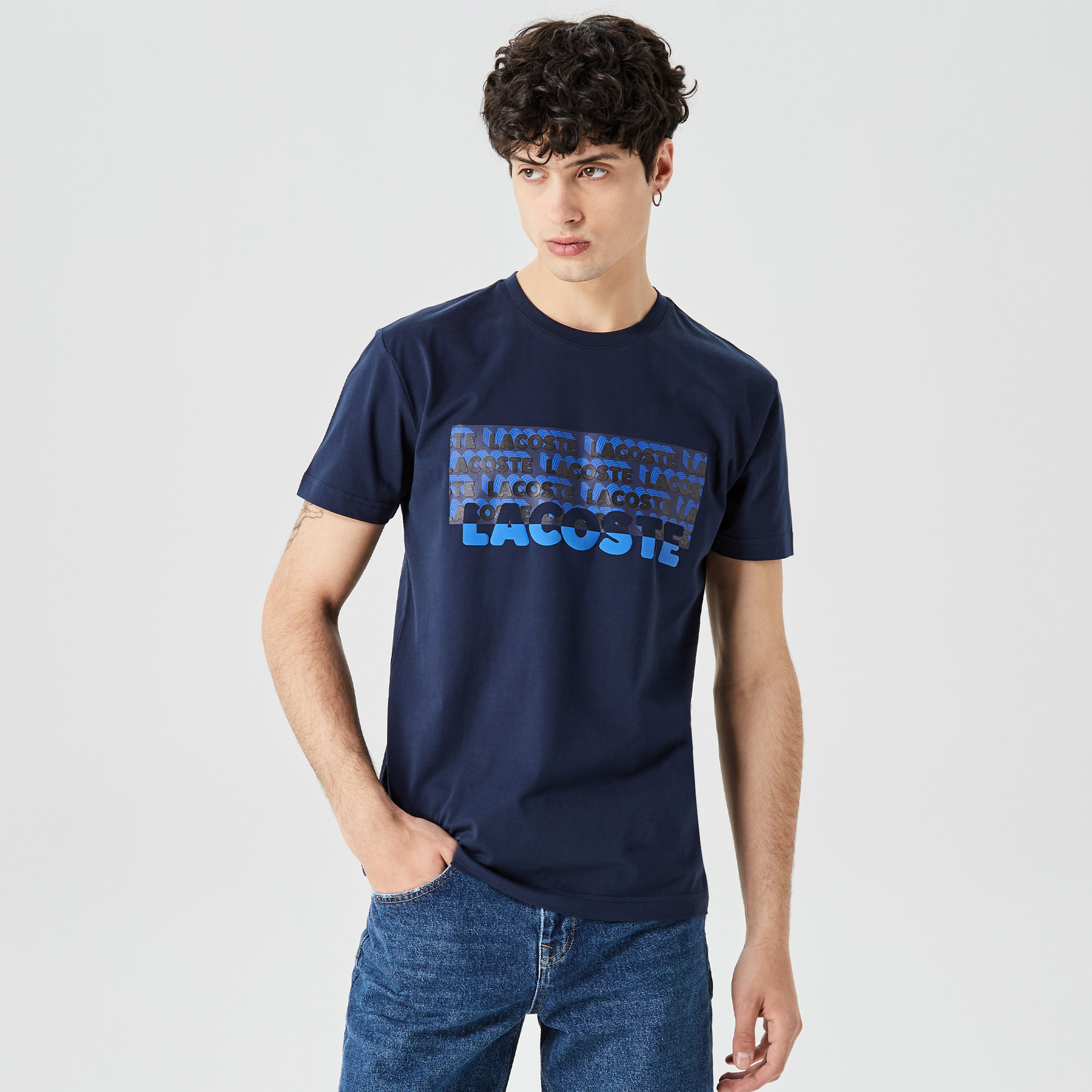 Erkek Slim Fit Bisiklet Yaka Baskılı Lacivert T-Shirt