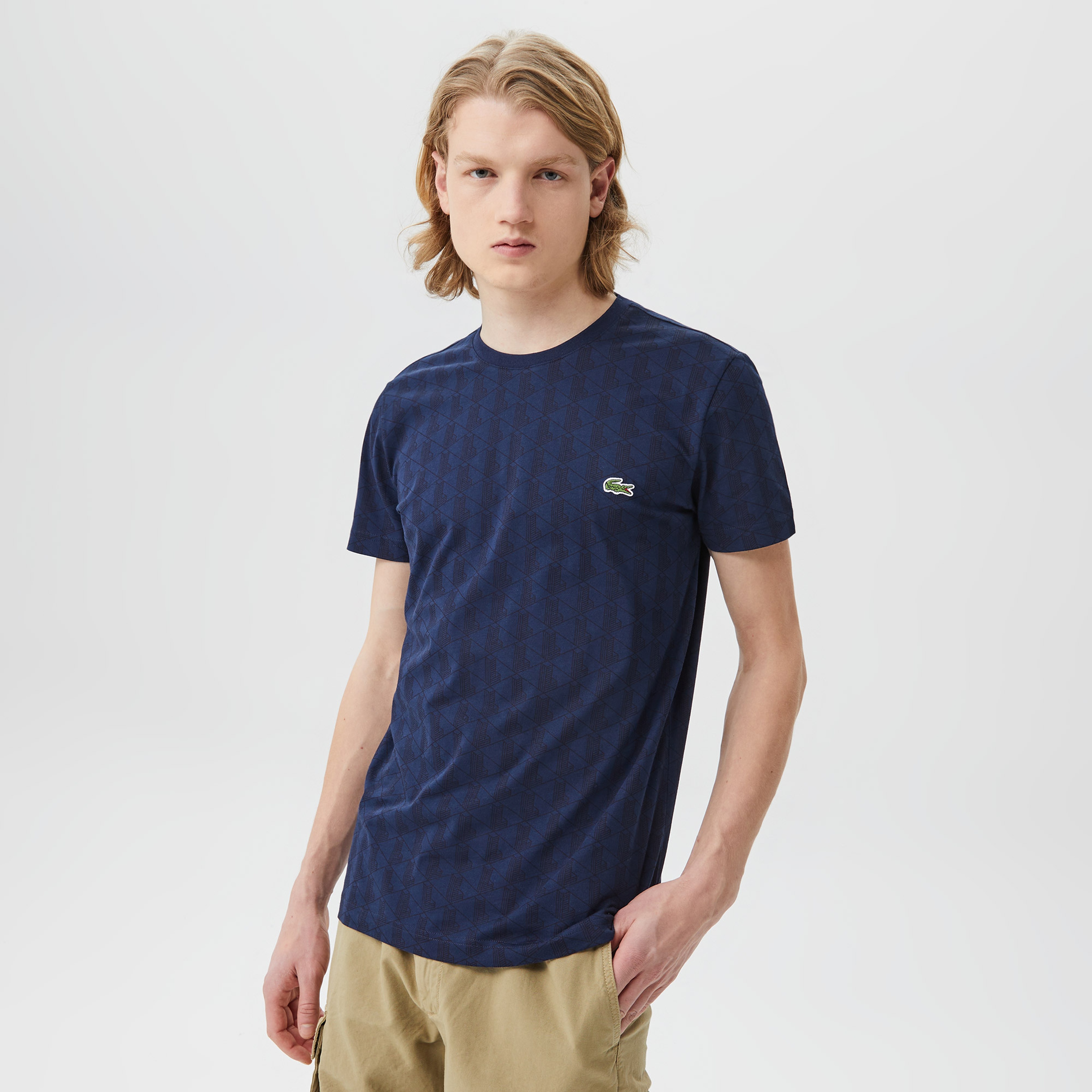 Erkek Regular Fit Bisiklet Yaka Monogram Lacivert T-Shirt