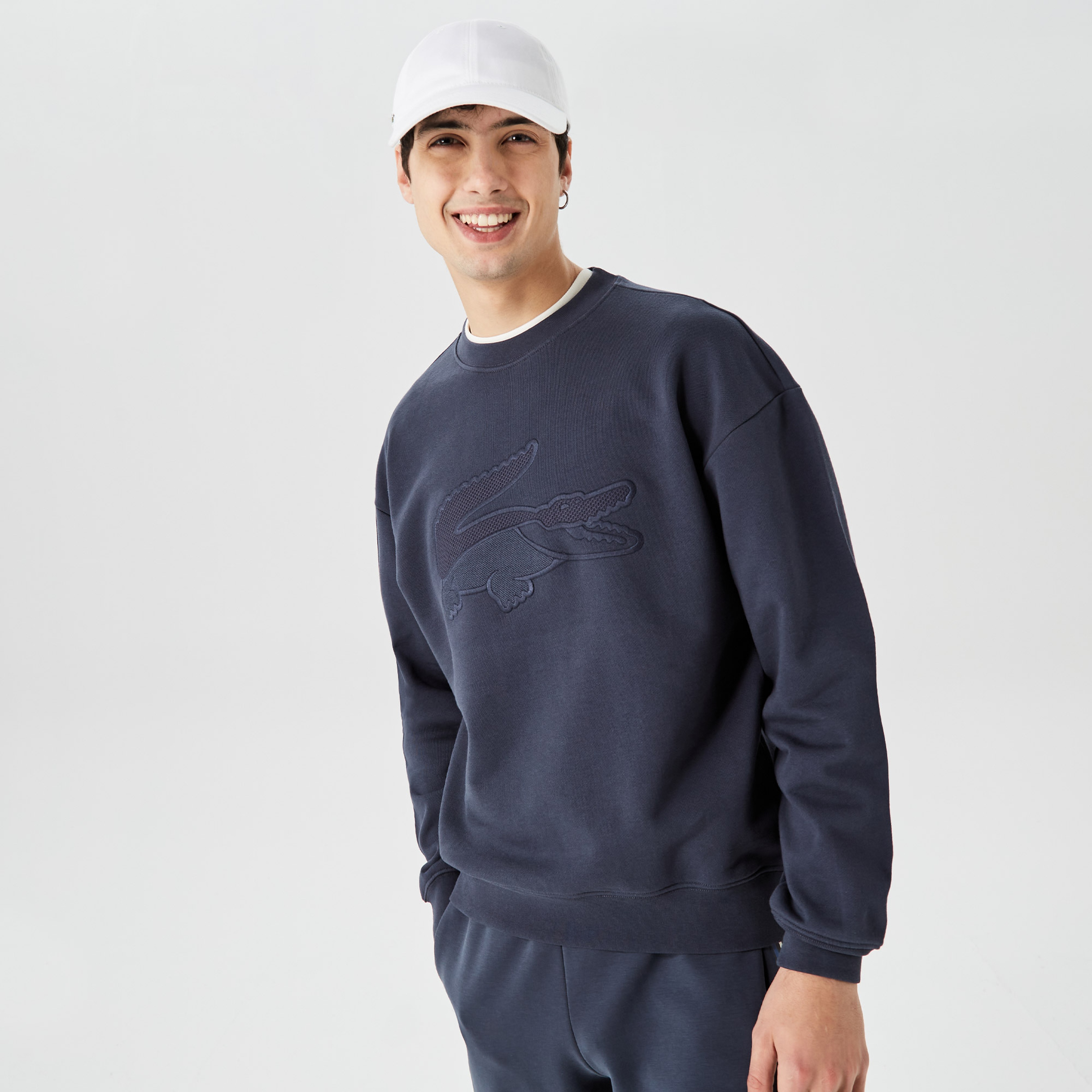 Erkek Relaxed Fit Bisiklet Yaka Baskılı Lacivert Sweatshirt
