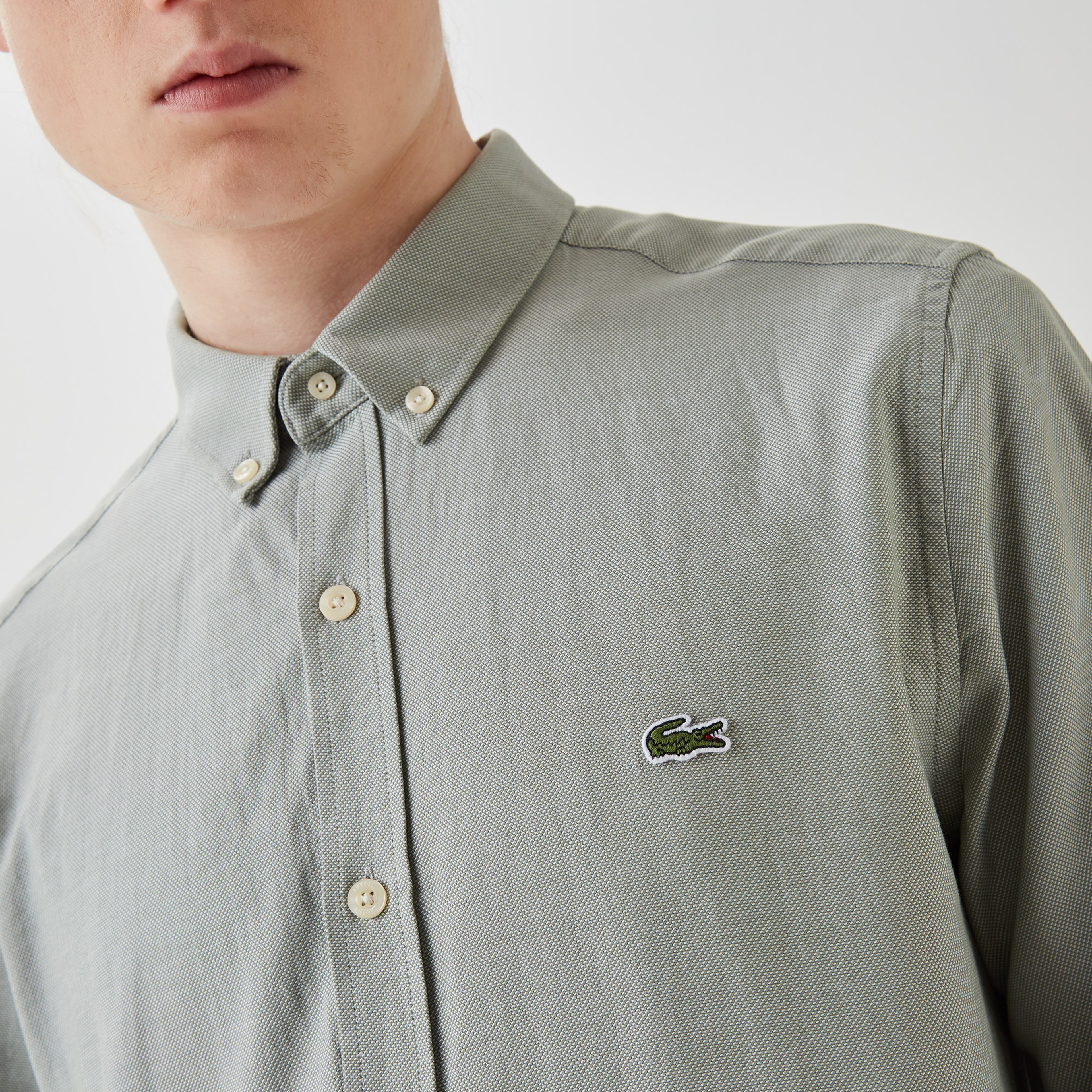 Erkek Slim Fit Düğmeli Yaka Yeşil Gömlek