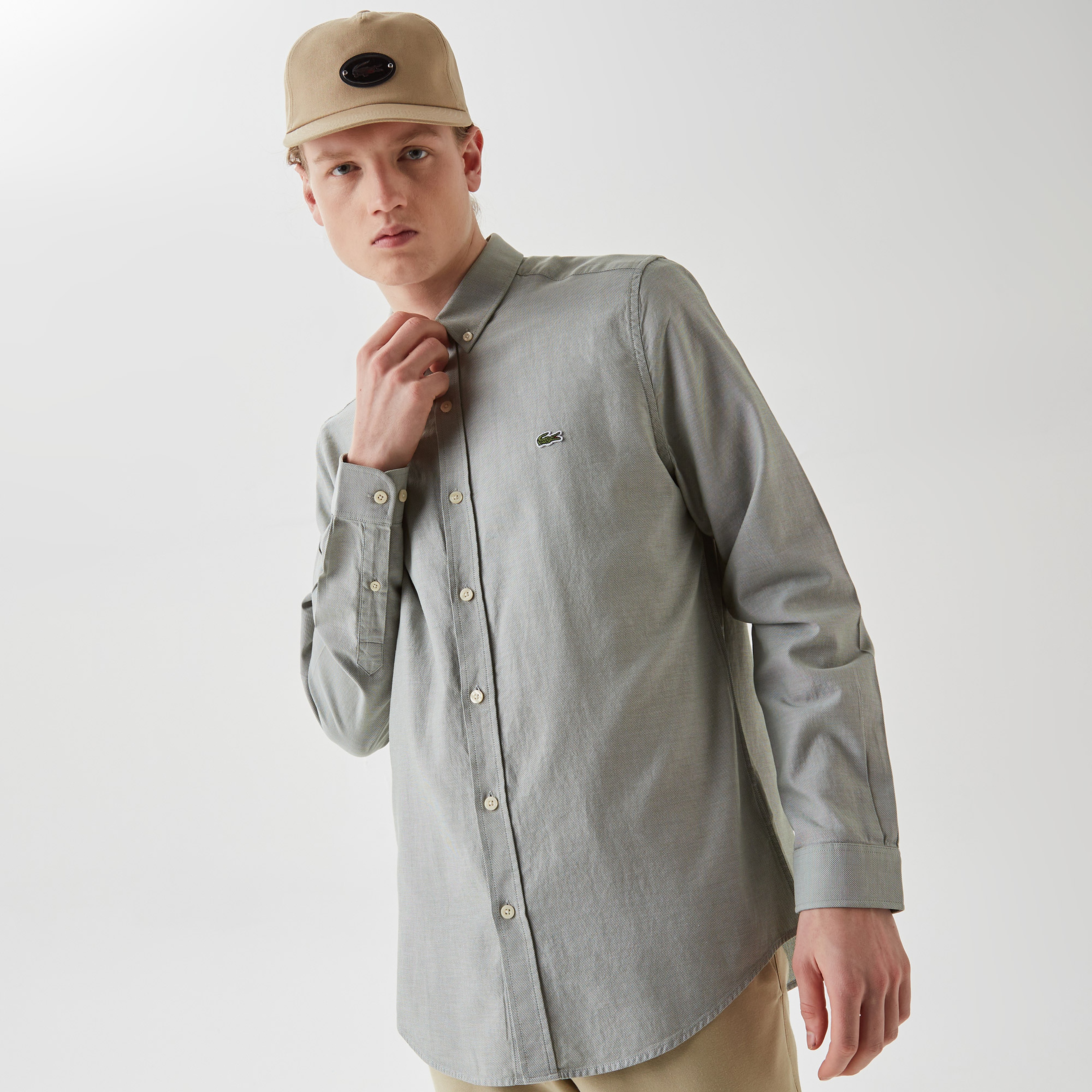 Erkek Slim Fit Düğmeli Yaka Yeşil Gömlek