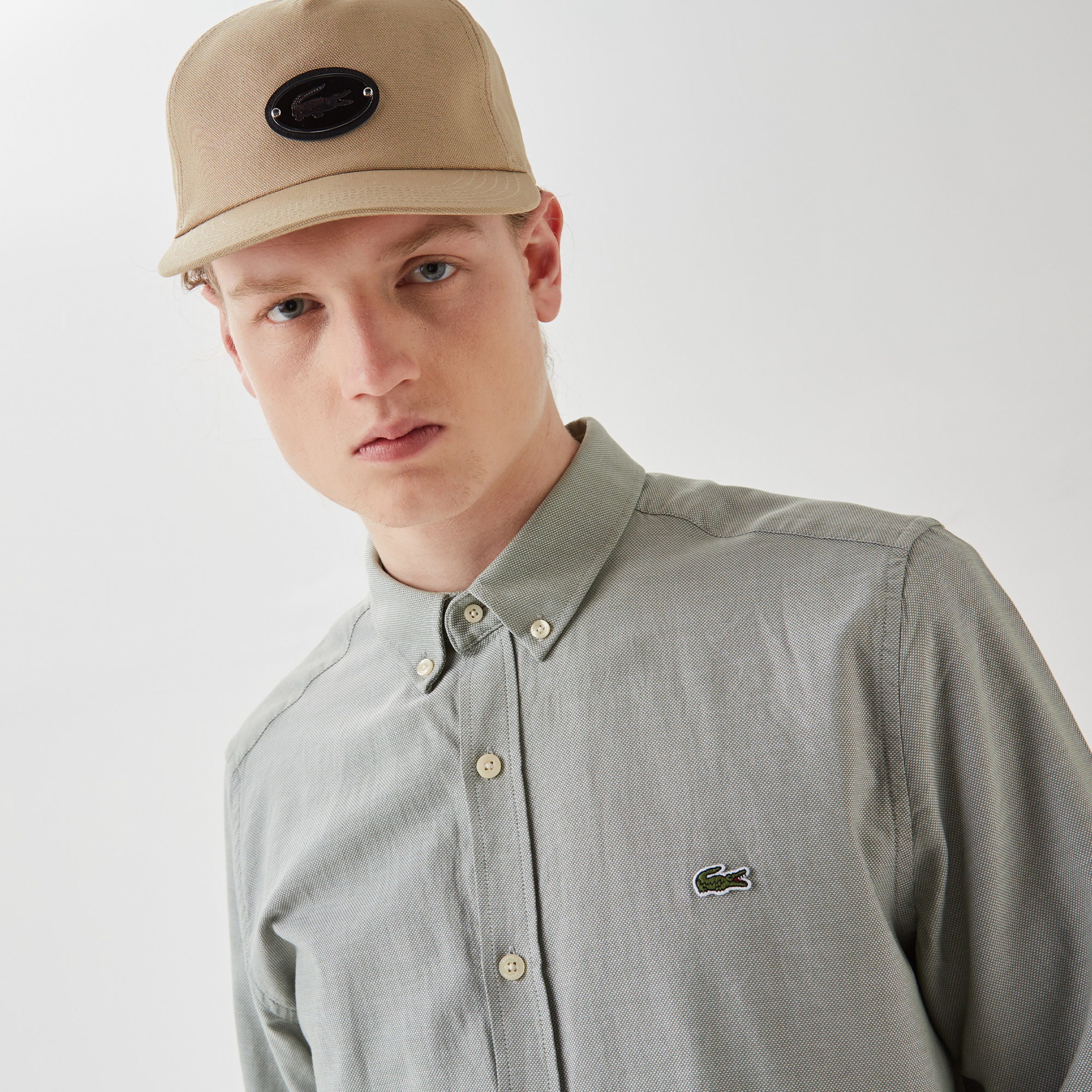 Erkek Slim Fit Düğmeli Yaka Yeşil Gömlek