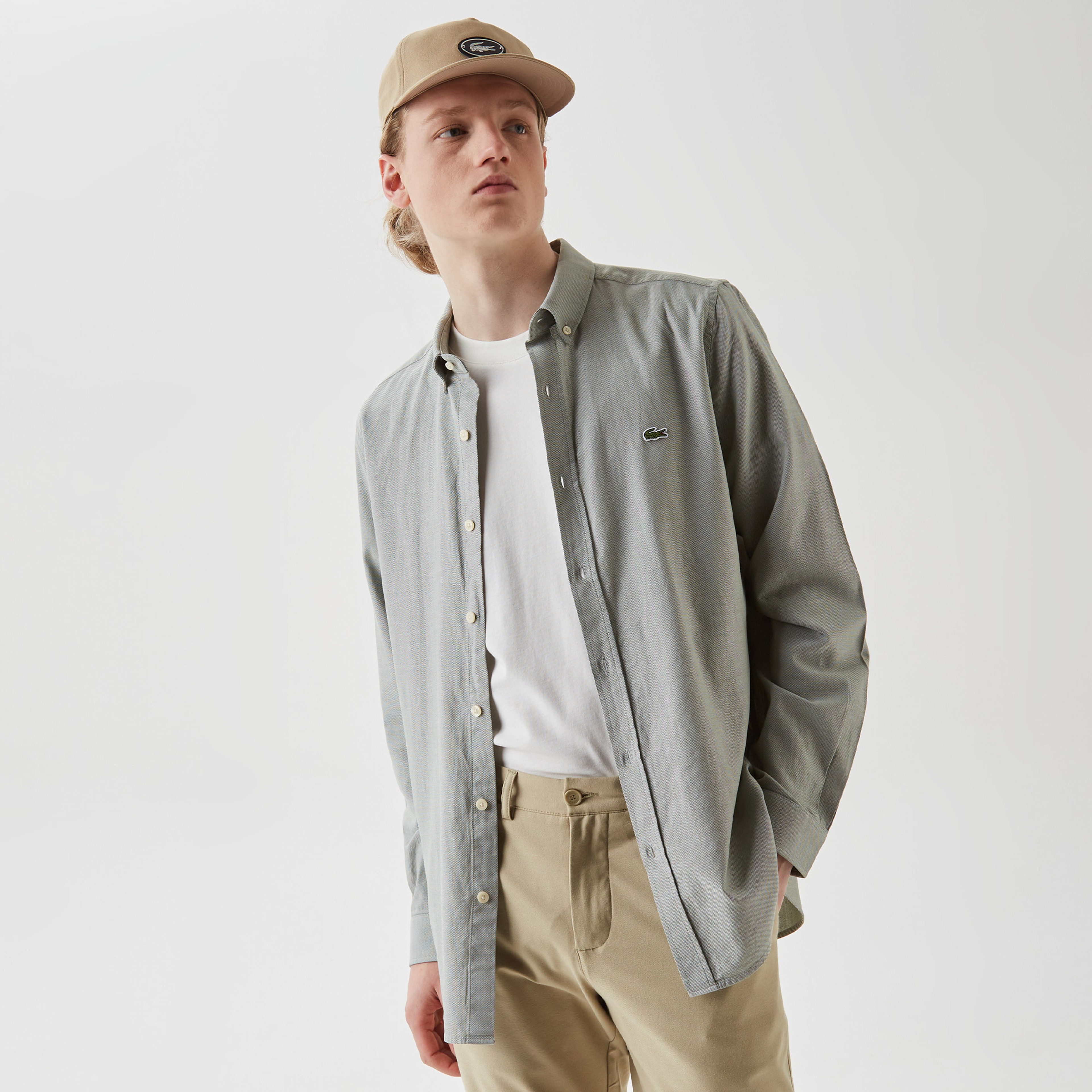 Erkek Slim Fit Düğmeli Yaka Yeşil Gömlek