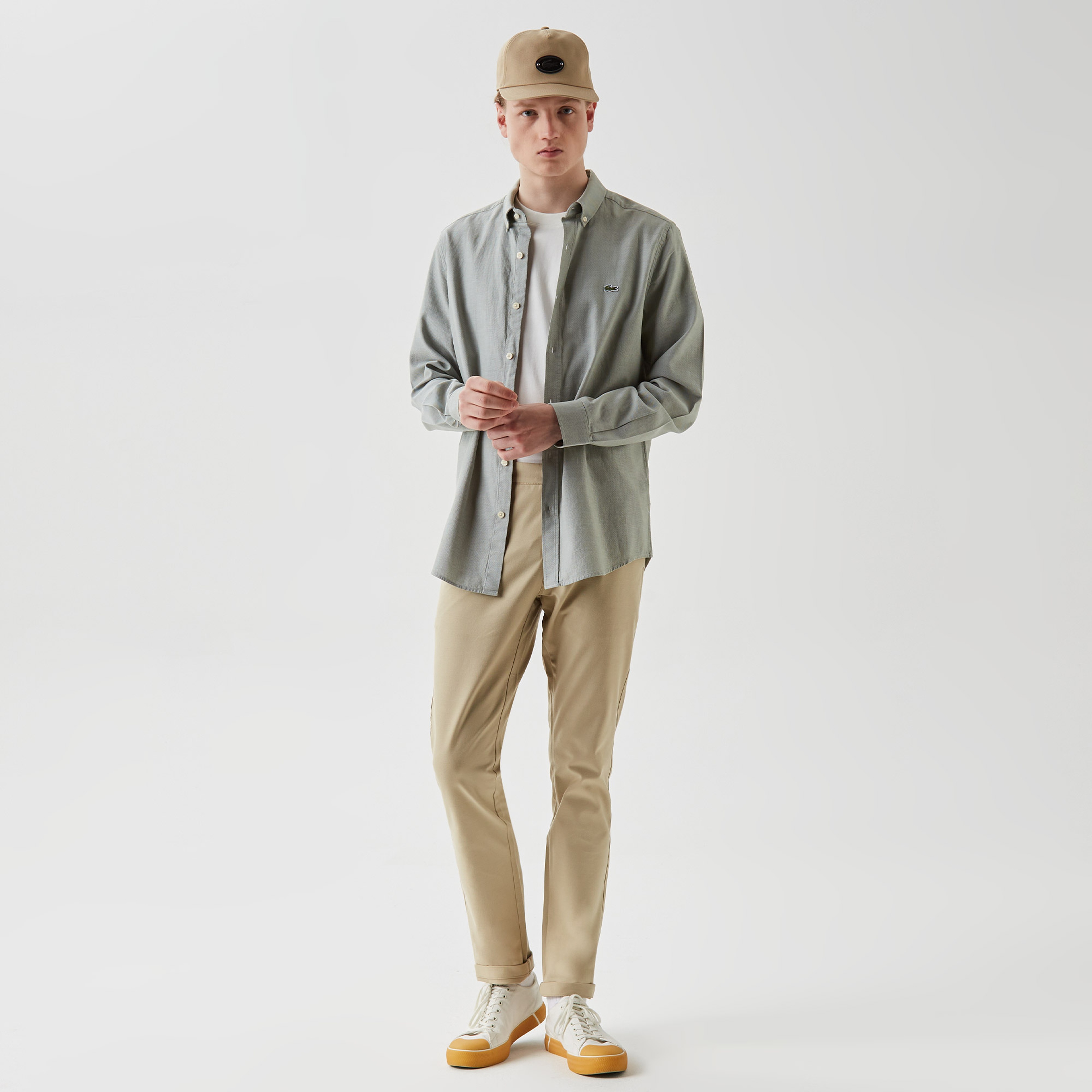 Erkek Slim Fit Düğmeli Yaka Yeşil Gömlek