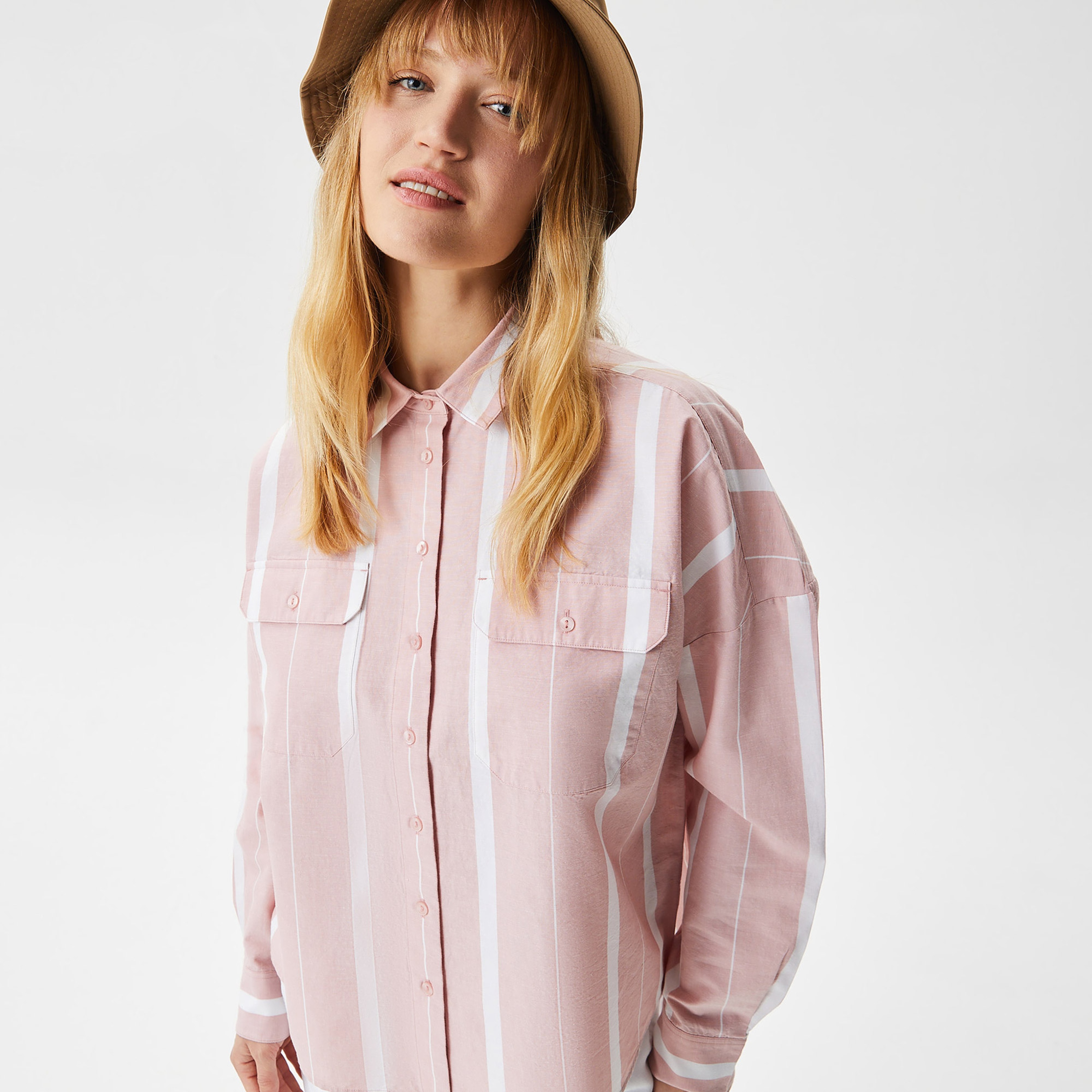 Kadın Loose Fit Çizgili Pembe Gömlek