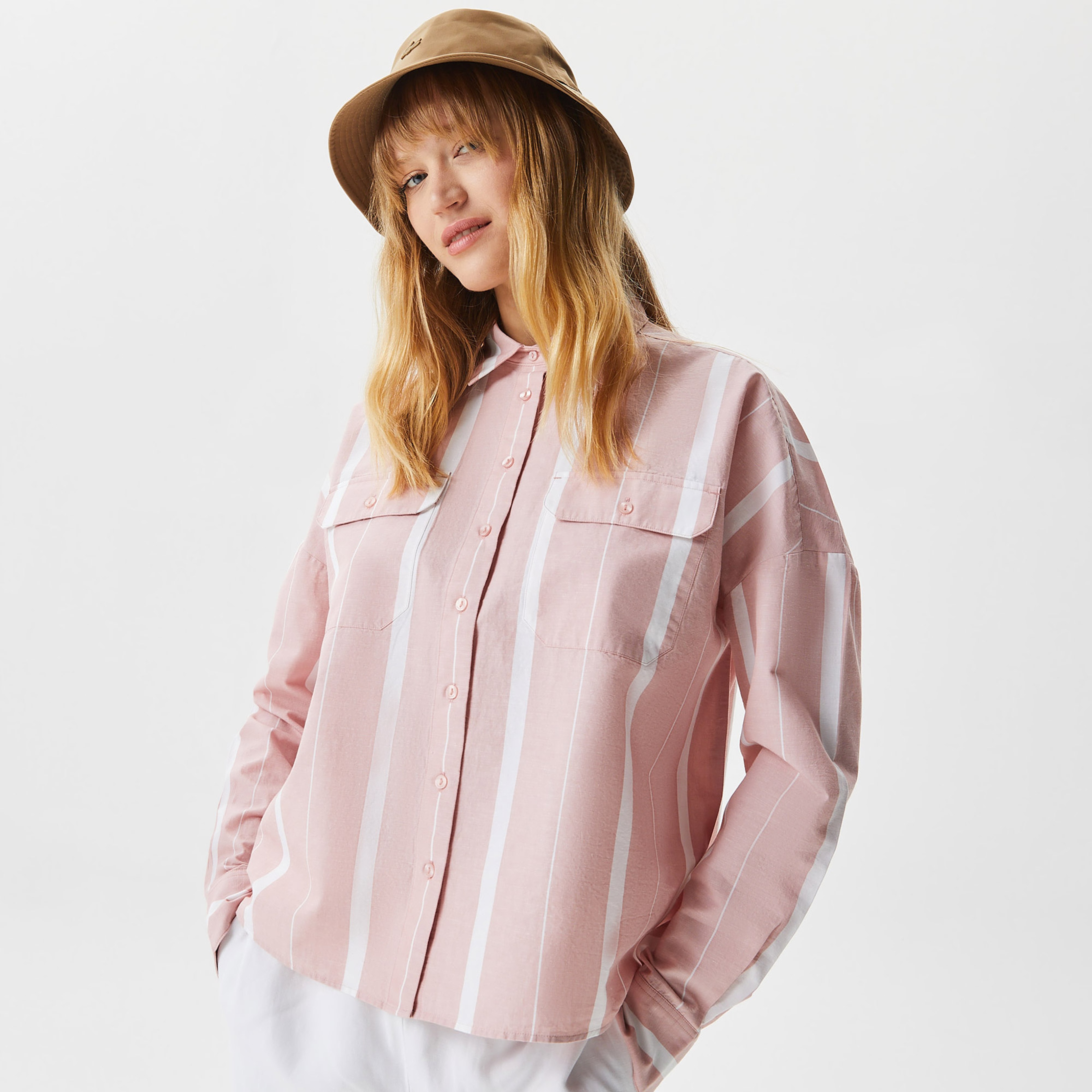 Kadın Loose Fit Çizgili Pembe Gömlek