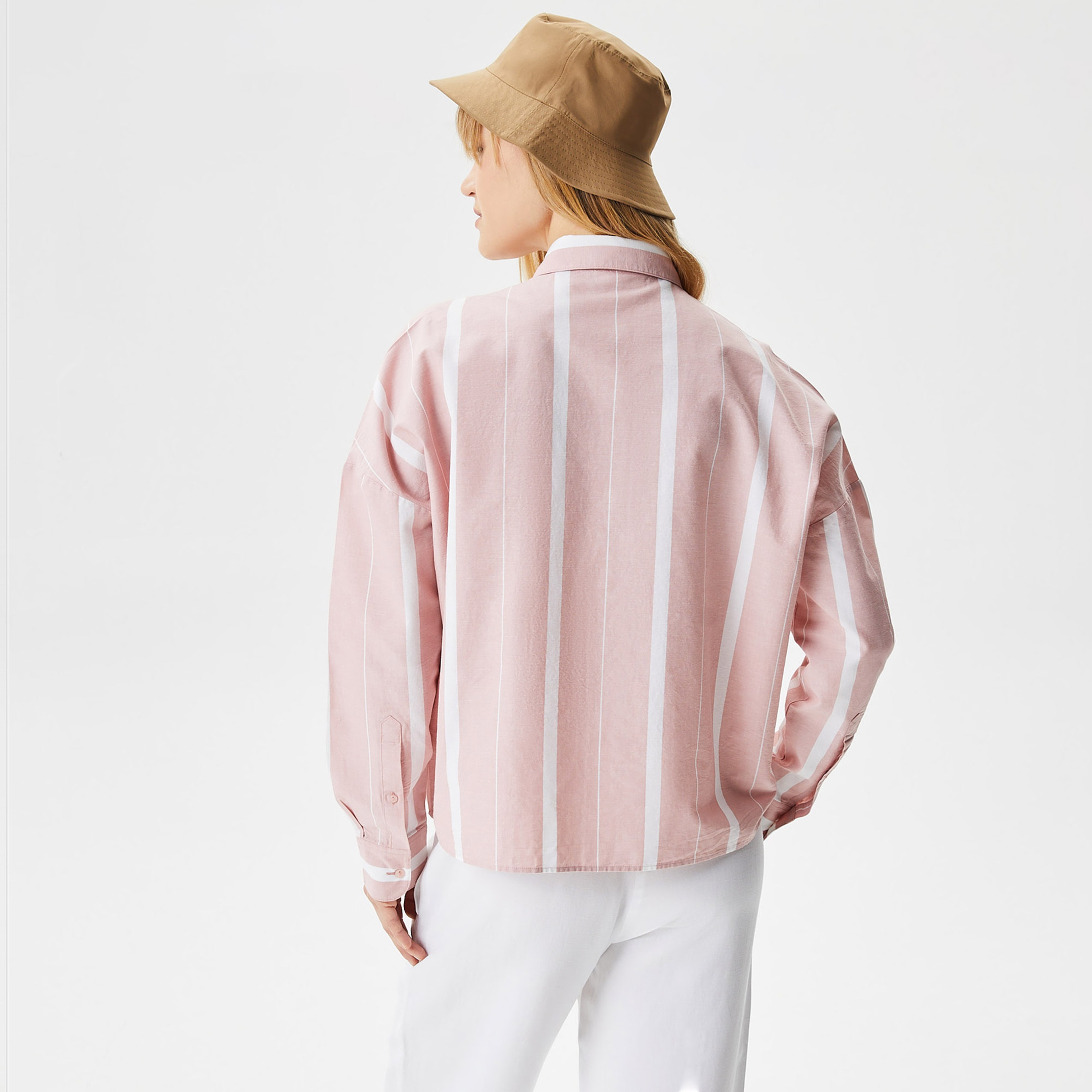 Kadın Loose Fit Çizgili Pembe Gömlek