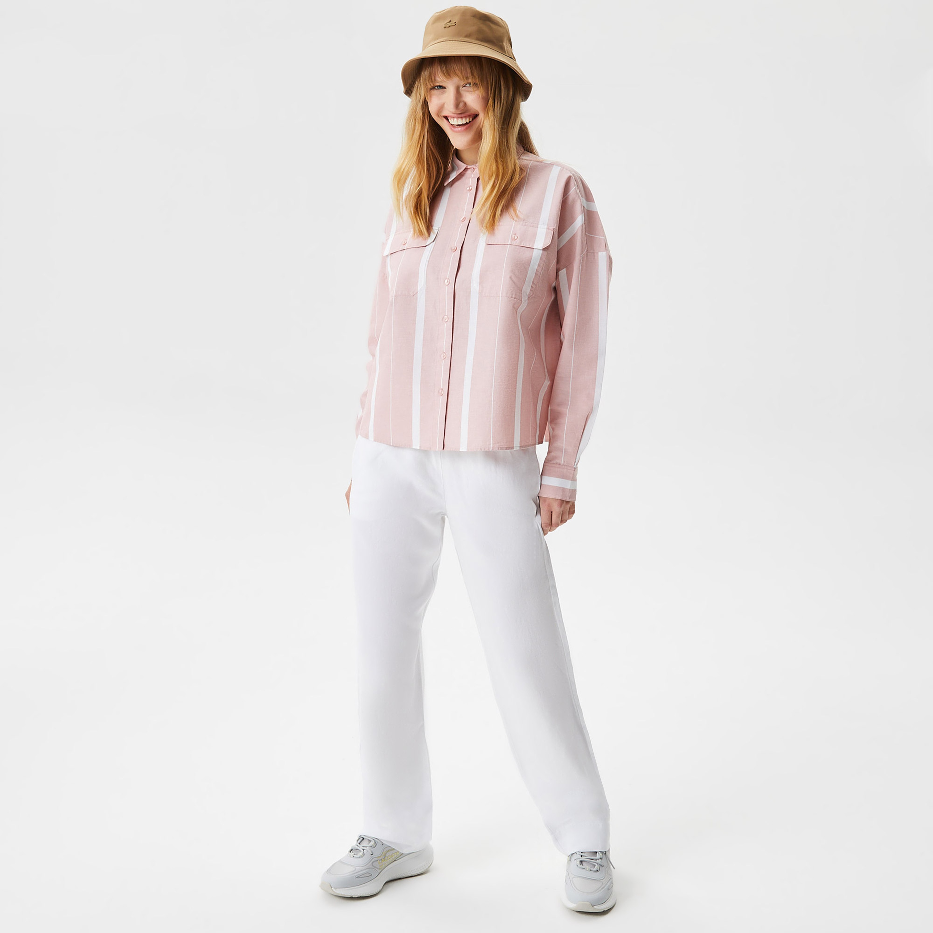 Kadın Loose Fit Çizgili Pembe Gömlek