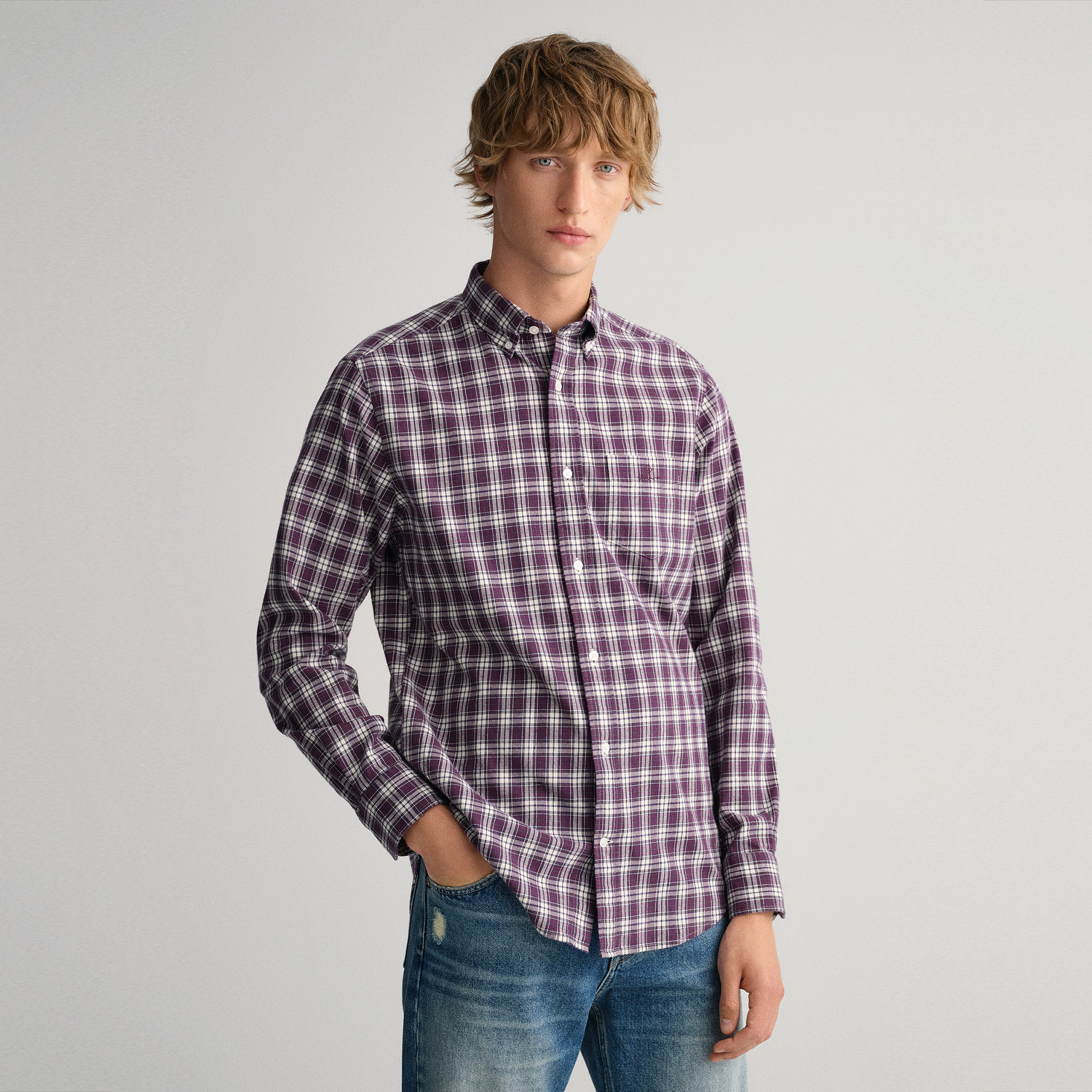 Gant Erkek Kırmızı Regular Fit Düğmeli Yaka Kareli Gömlek