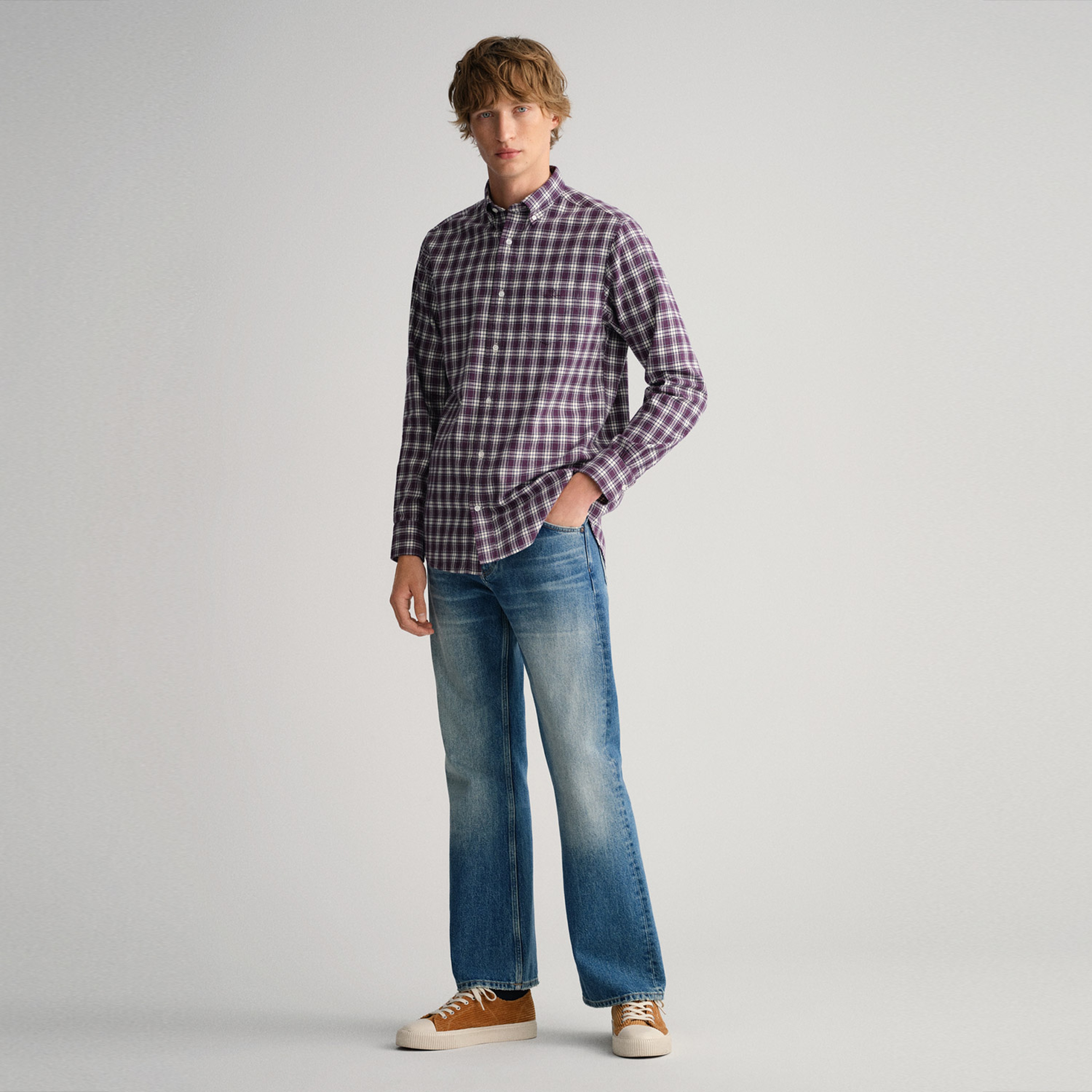 Gant Erkek Kırmızı Regular Fit Düğmeli Yaka Kareli Gömlek