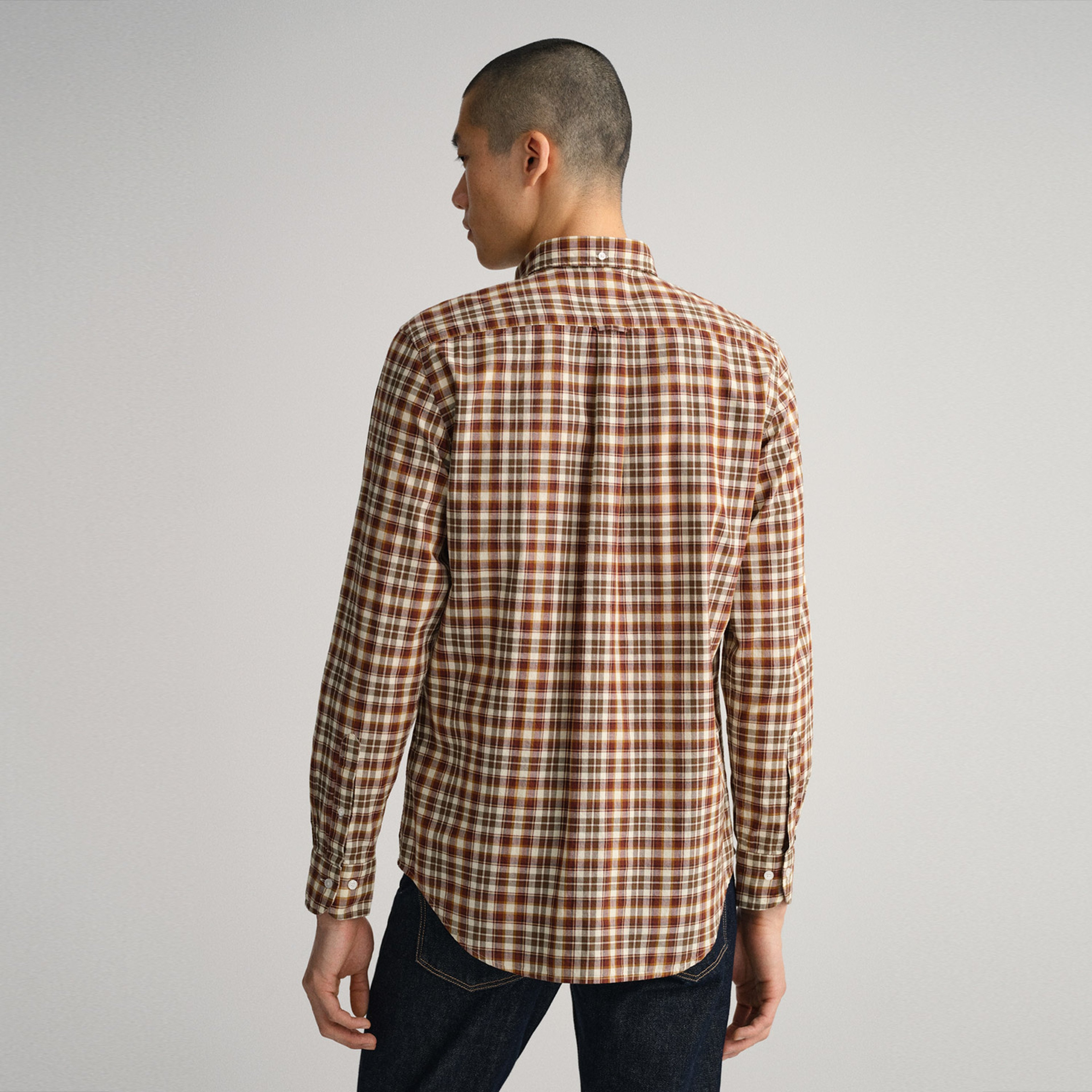 Gant Erkek Kahverengi Regular Fit Düğmeli Yaka Kareli Gömlek