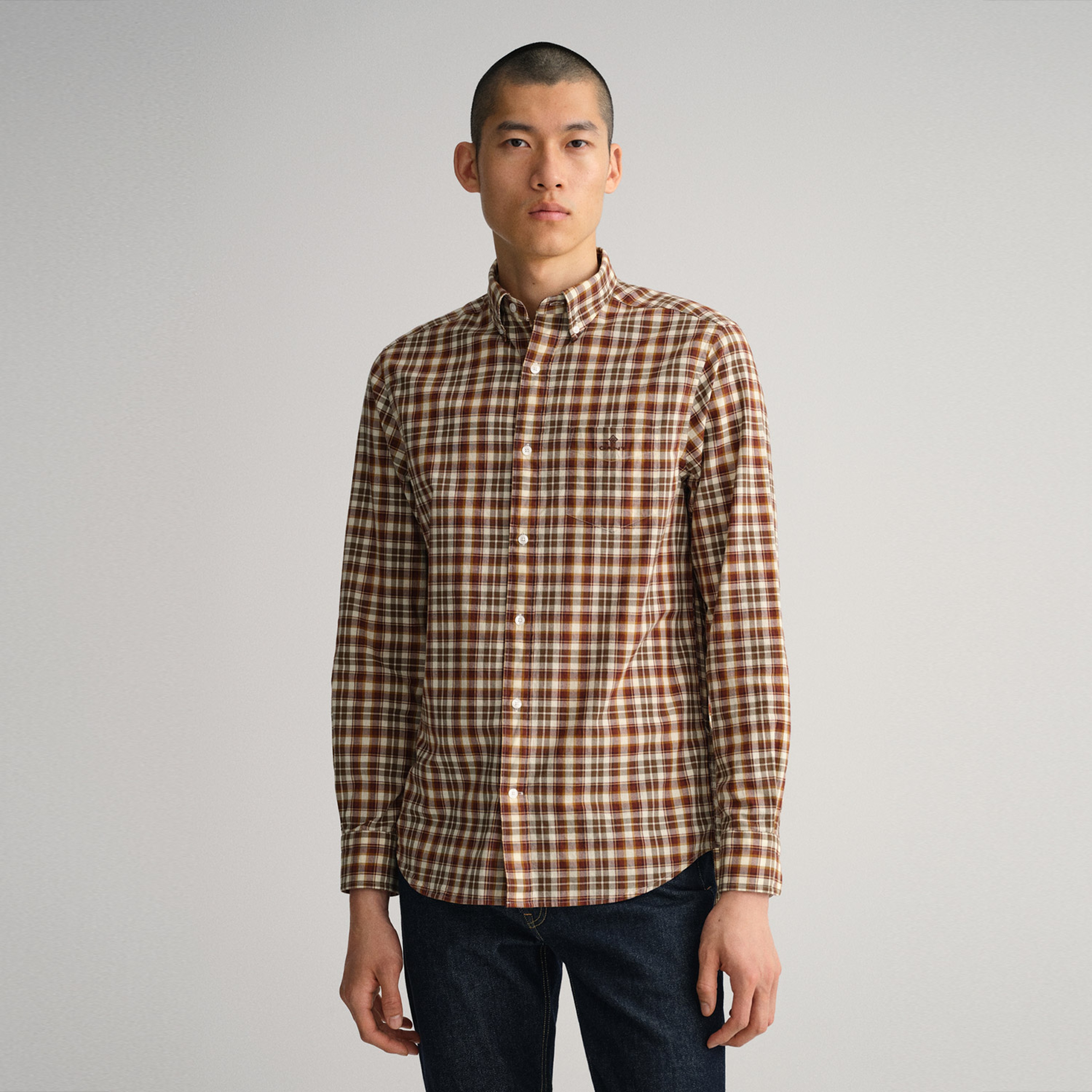 Gant Erkek Kahverengi Regular Fit Düğmeli Yaka Kareli Gömlek