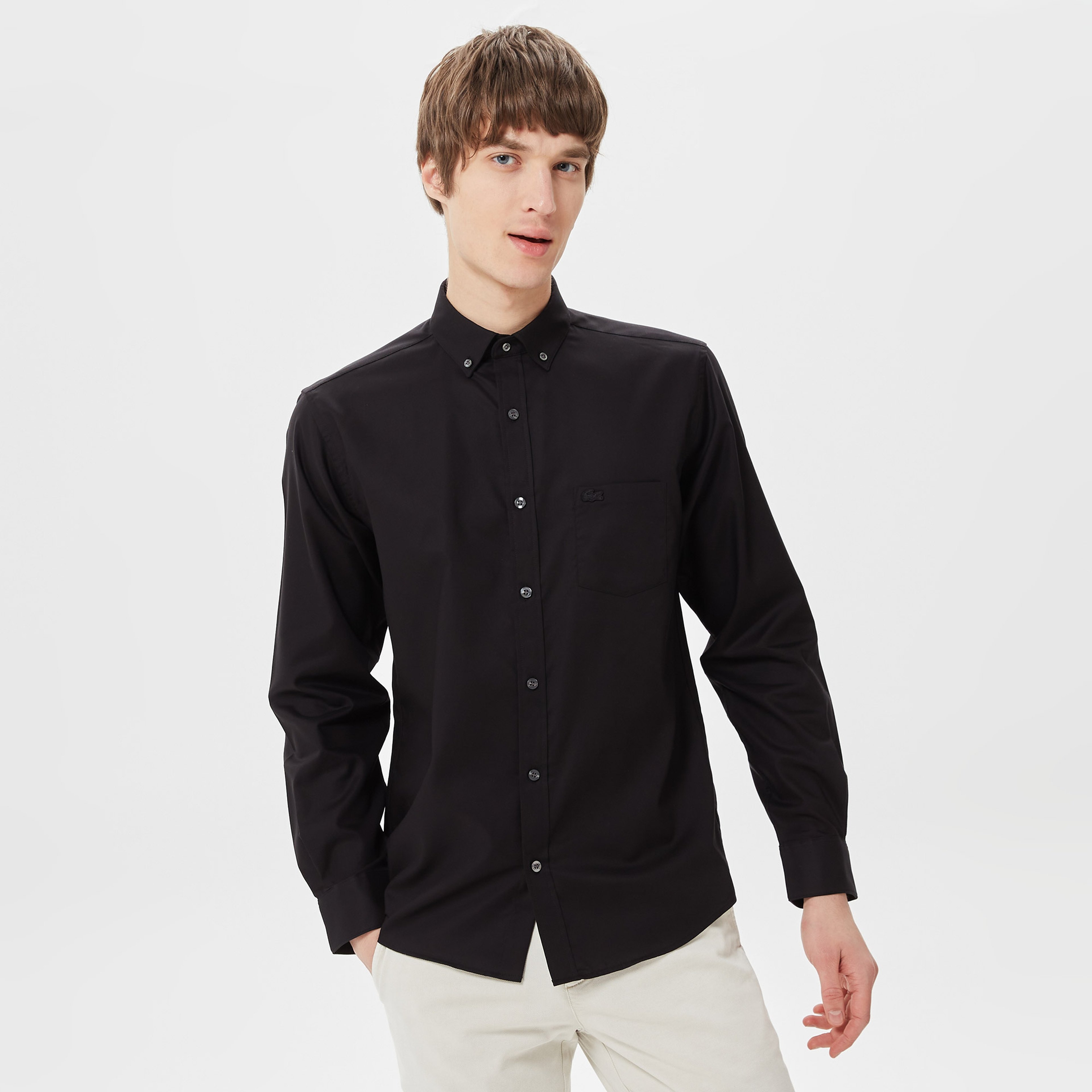 Erkek Regular Fit Düğmeli Yaka Siyah Gömlek