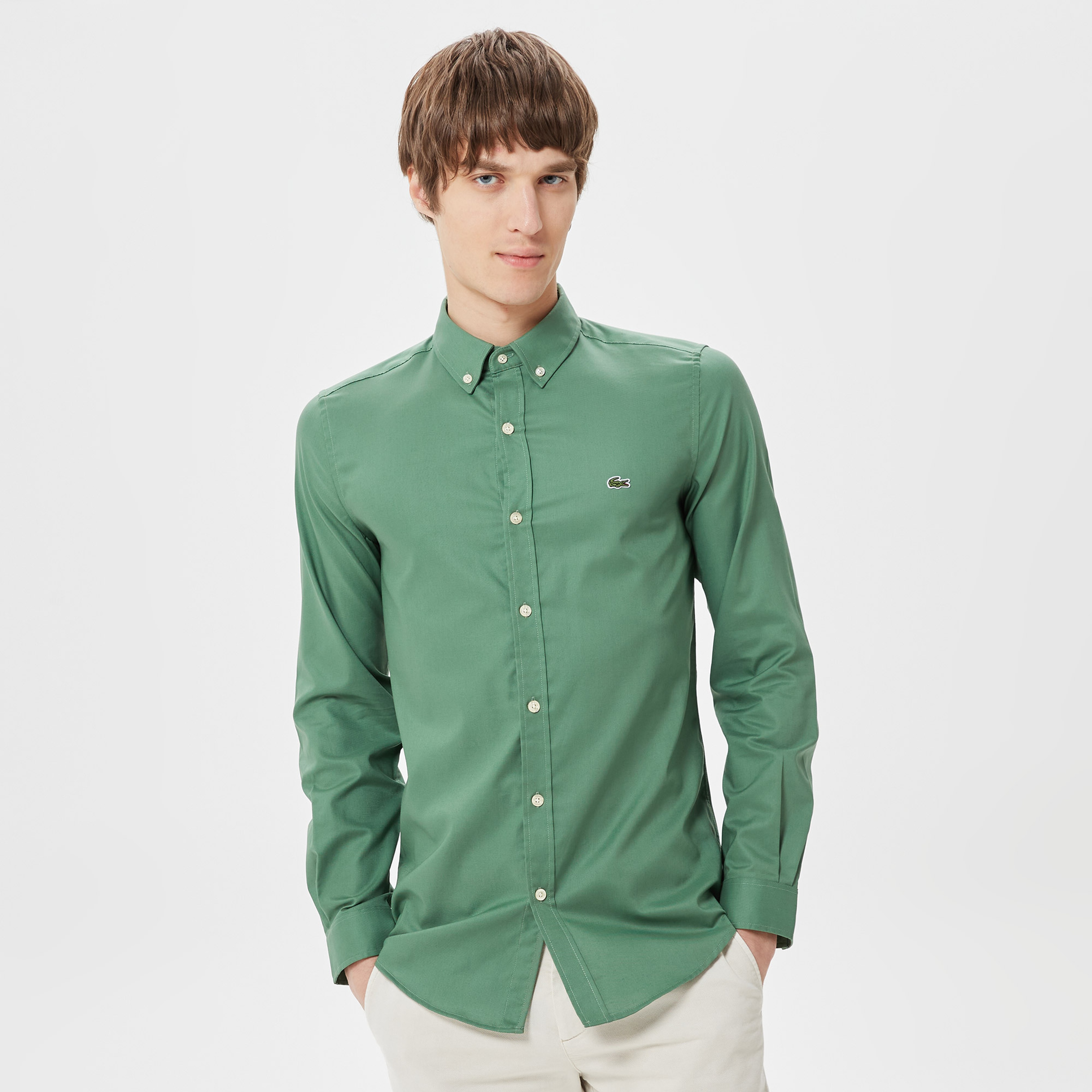 Erkek Slim Fit Düğmeli Yaka Haki Gömlek