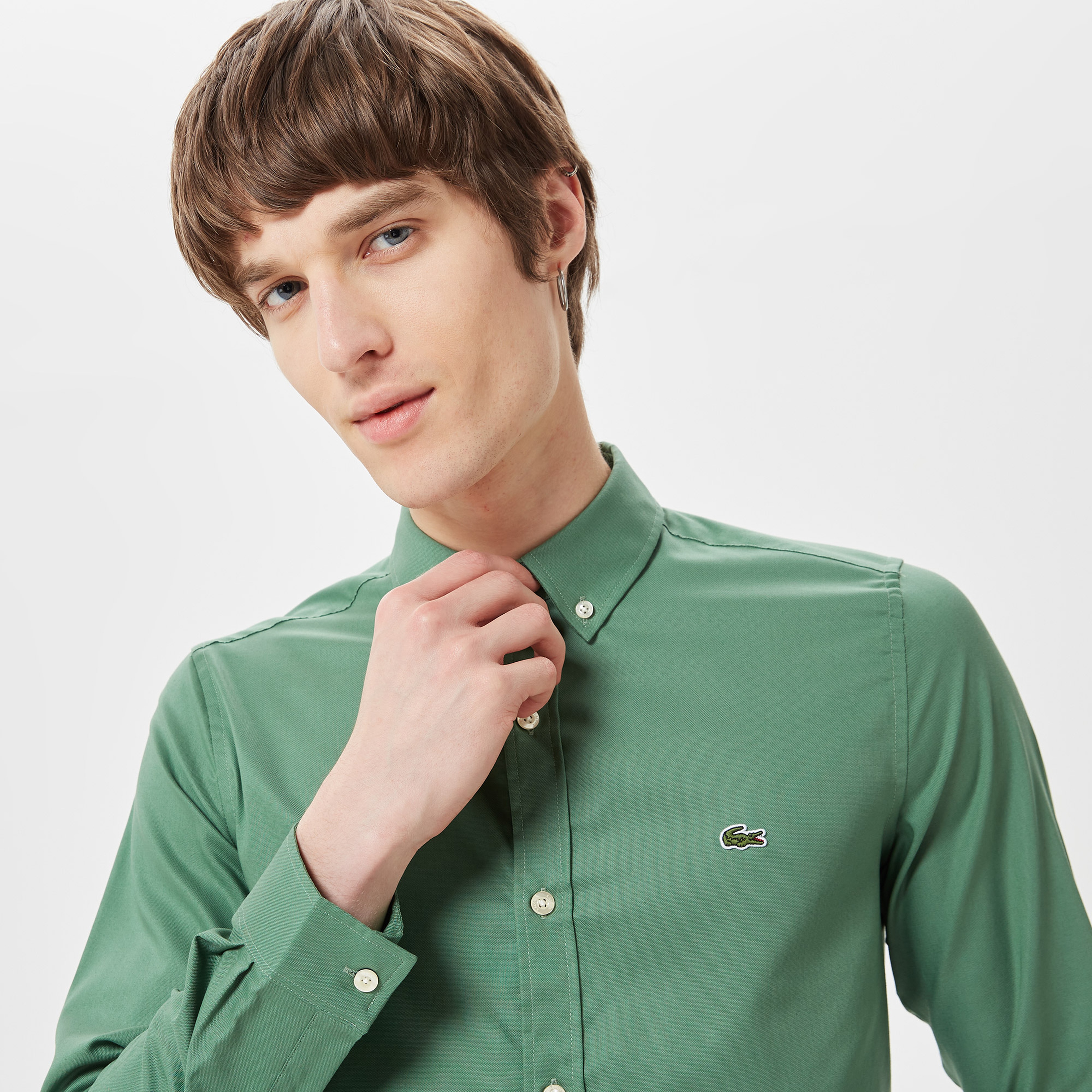 Erkek Slim Fit Düğmeli Yaka Haki Gömlek