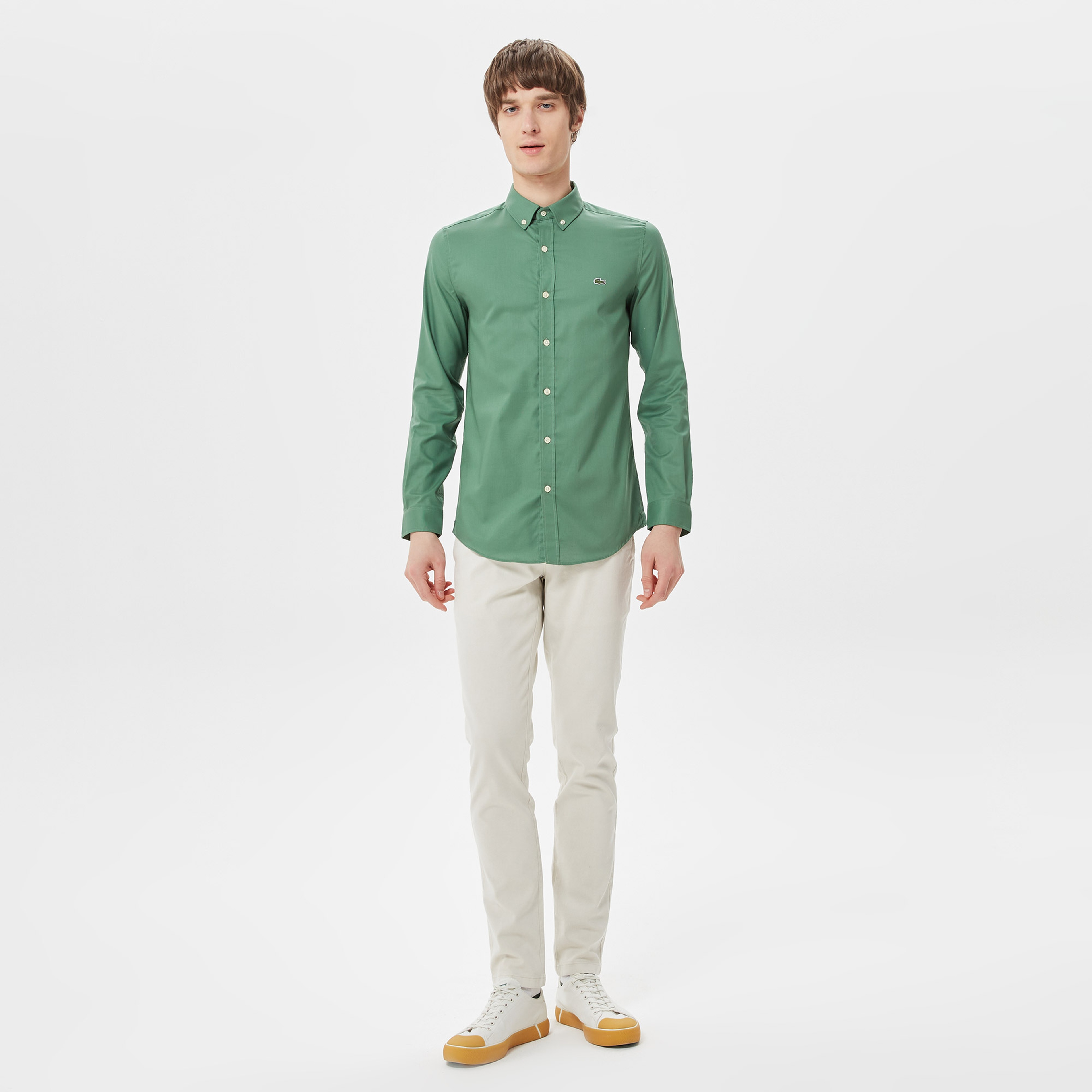 Erkek Slim Fit Düğmeli Yaka Haki Gömlek