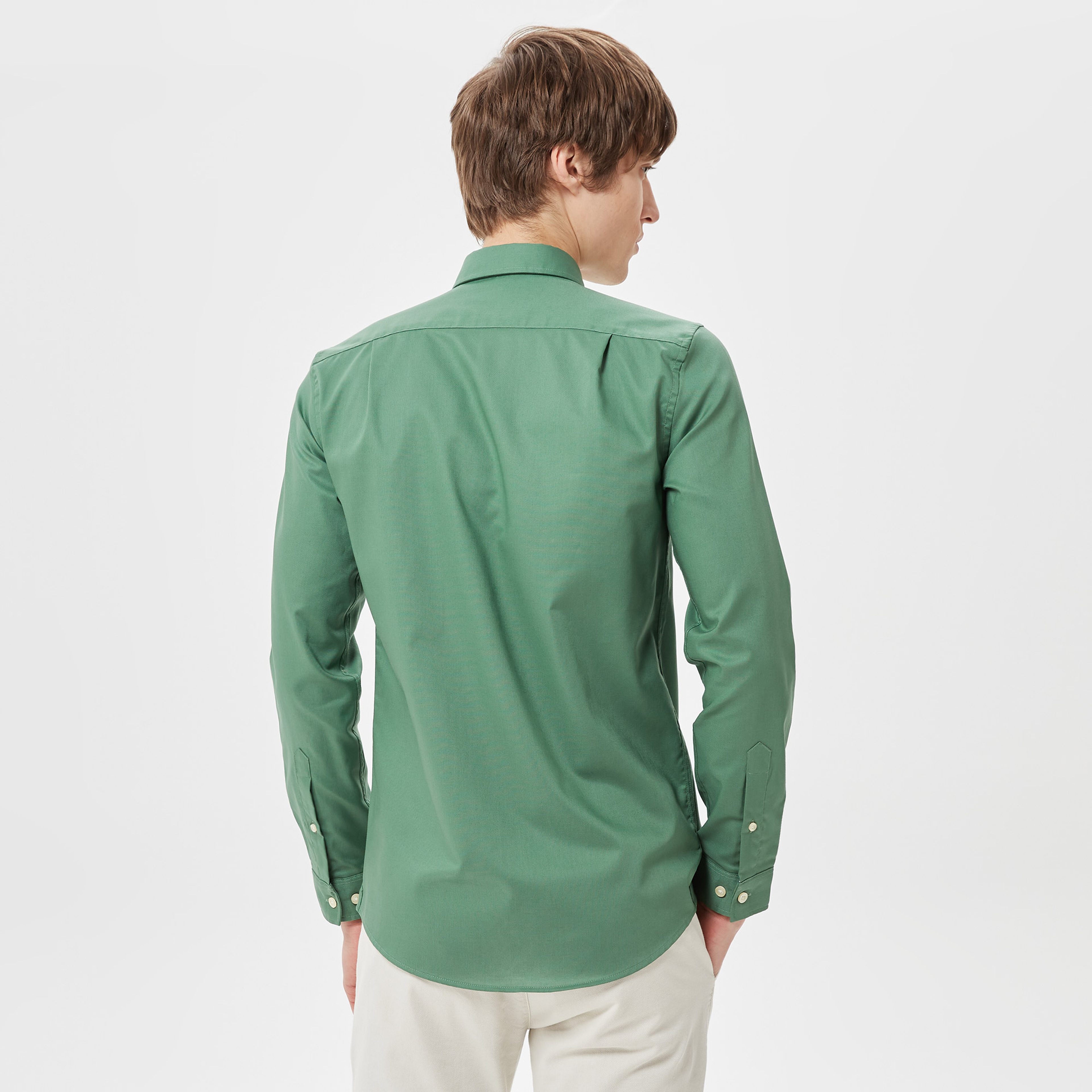 Erkek Slim Fit Düğmeli Yaka Haki Gömlek