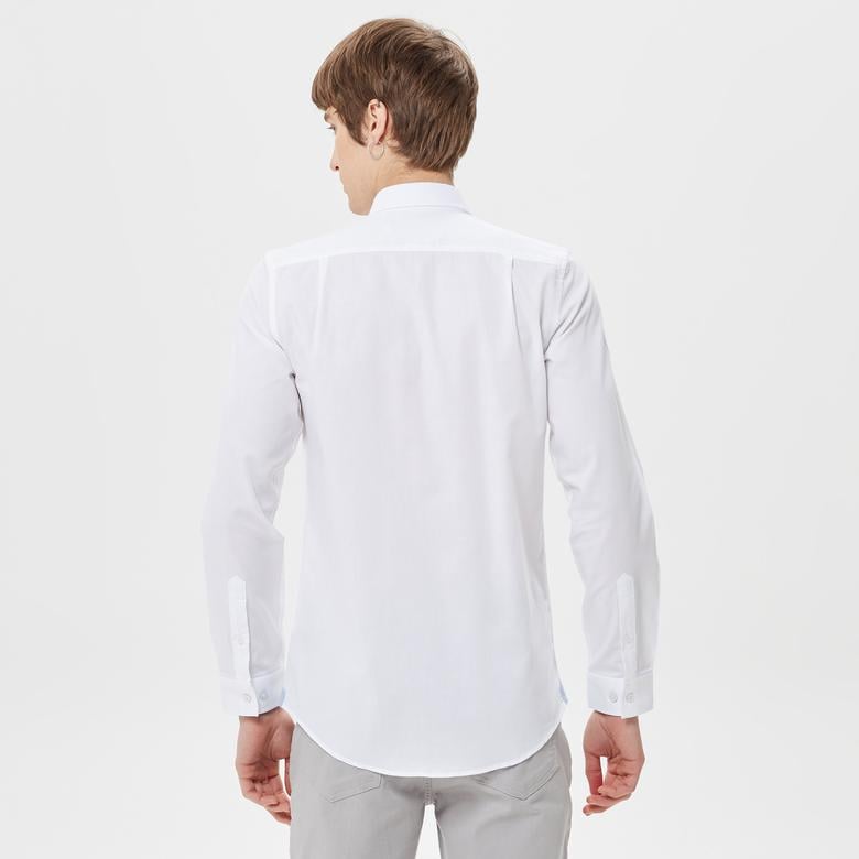 Erkek Slim Fit Düğmeli Yaka Beyaz Gömlek
