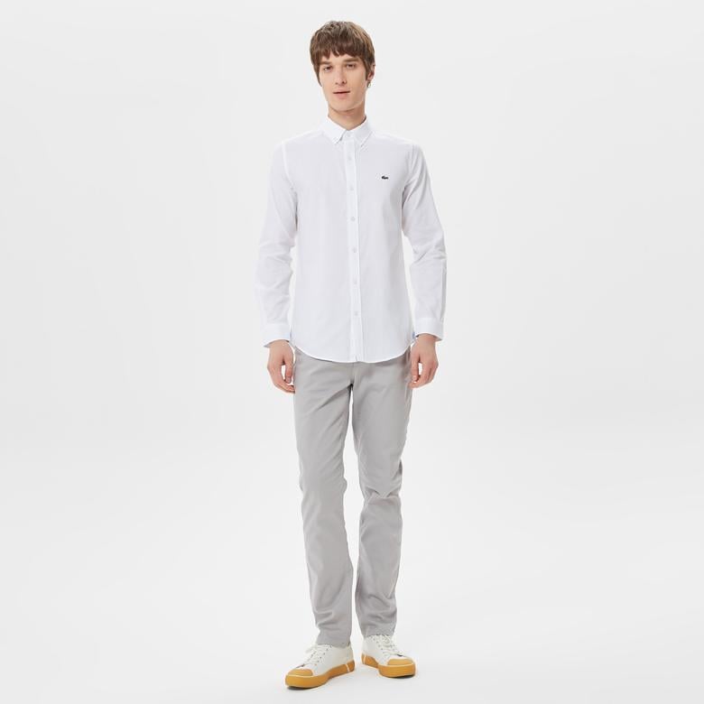 Erkek Slim Fit Düğmeli Yaka Beyaz Gömlek