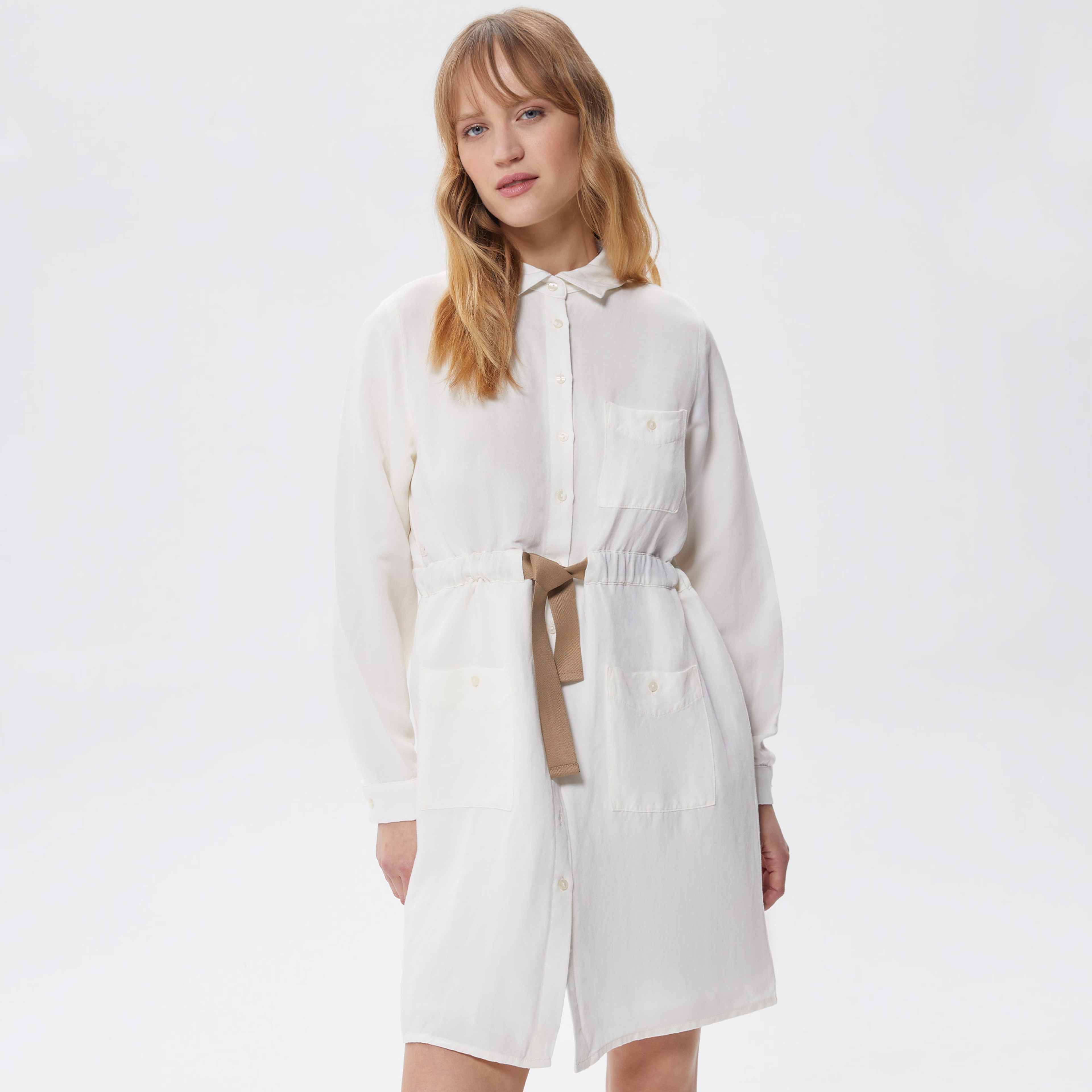 Kadın Relaxed Fit Uzun Kollu Gömlek Yaka Beyaz Elbise