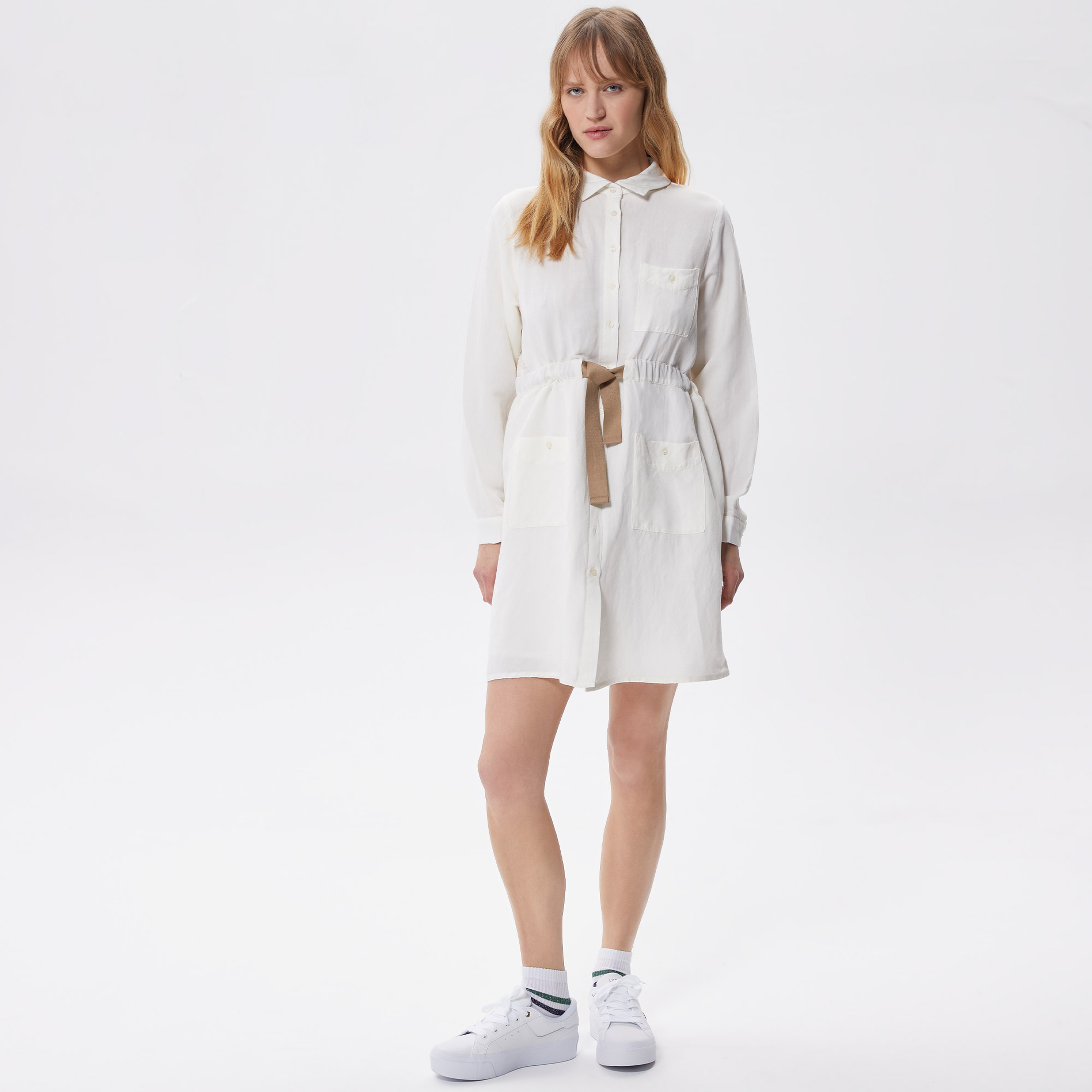 Kadın Relaxed Fit Uzun Kollu Gömlek Yaka Beyaz Elbise