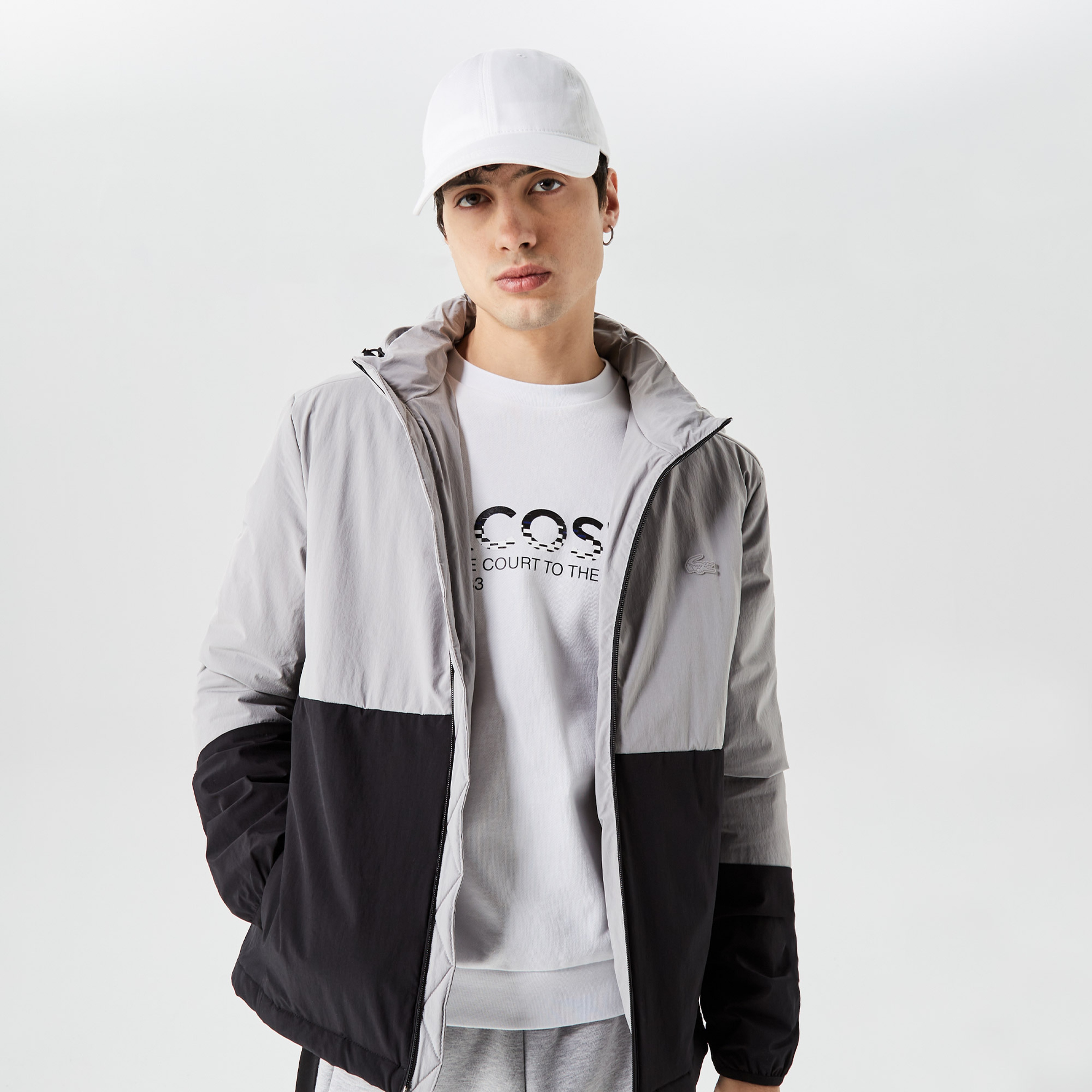 Erkek Kapüşonlu Renk Bloklu Gri Mont